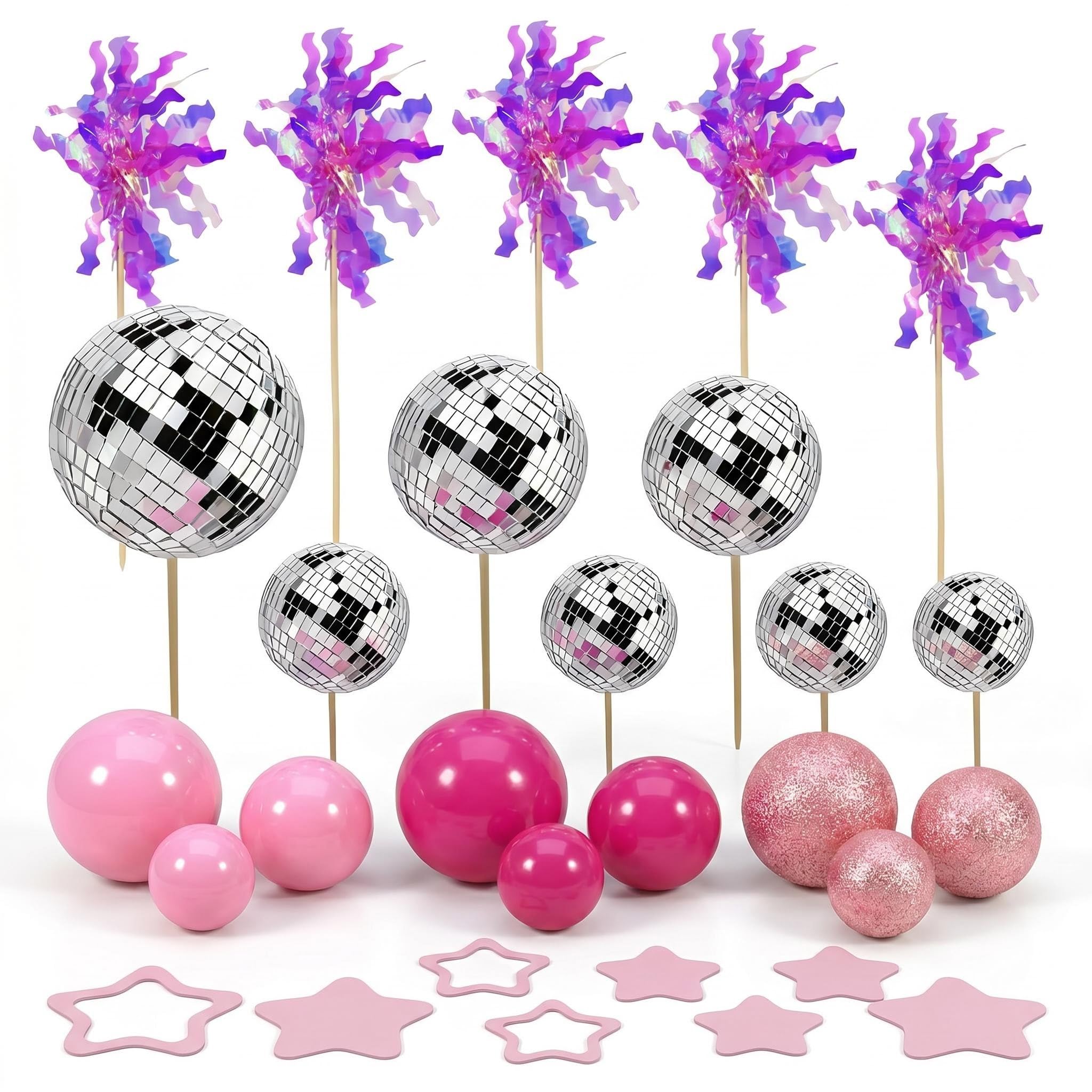 37 Pack Disco Ball Cake Toppers Happy Birthday Paper Cake Toppers for Birthday Wedding Party Supplies (pink)