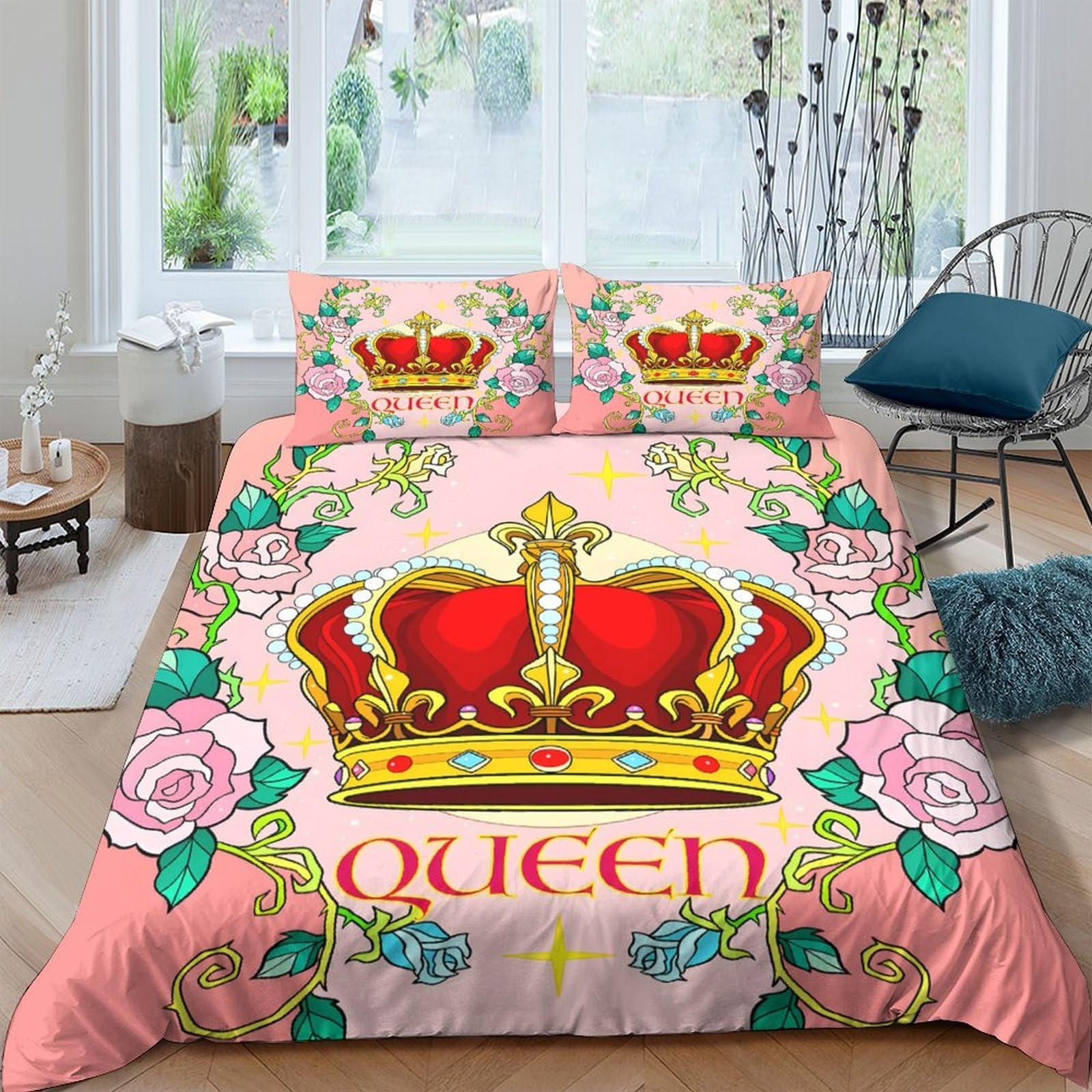 Ctjqhvkz Style-3 3D Printed Crown Queen Fitted Sheet Microfiber Pink Royal Rose Bed Cover For Bedroom Guest Dorm Mattress Protection Decor Single（135X200cm）
