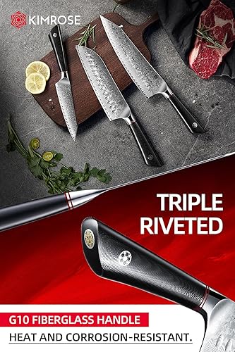 Miniatura 5 de KIMROSE Juego de cuchillos de Damasco - 3 piezas - Acero de aleación de alto carbono 10Cr15CoMoV - Cuchillo de chef profesional - Mango G10 -