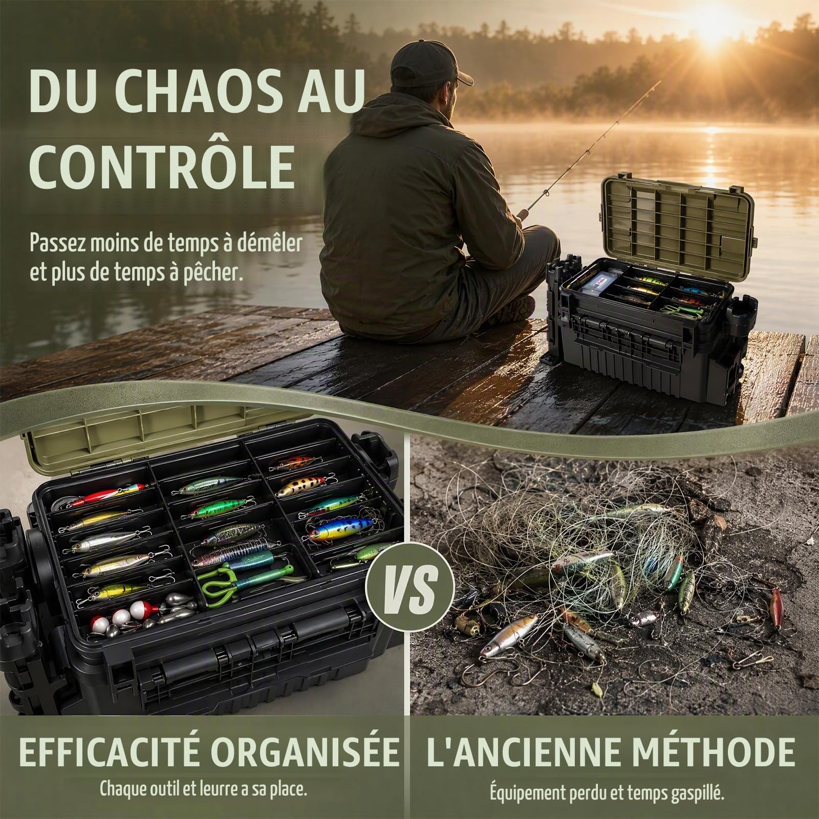 Mallette de pêche à 2 couches avec porte-canne, boîte de rangement verte