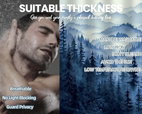 Miniatura 7 de Cortina de ducha azul marino de bosque Cortina de ducha azul oscuro de montaña y naturaleza para decoración de baño de hombres, tela impermeable con