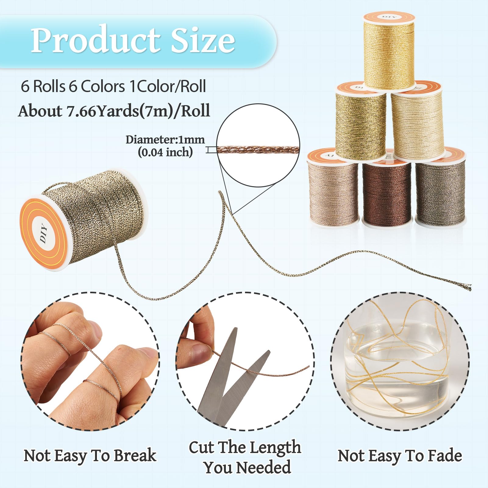 Spritewelry 42M 6Colors Polyester Metallic Thread 1mm Glitter Jewelry Braided Thread Cords Beading String for Crafts Embroidery Friendship Bracelet Making - Image 4