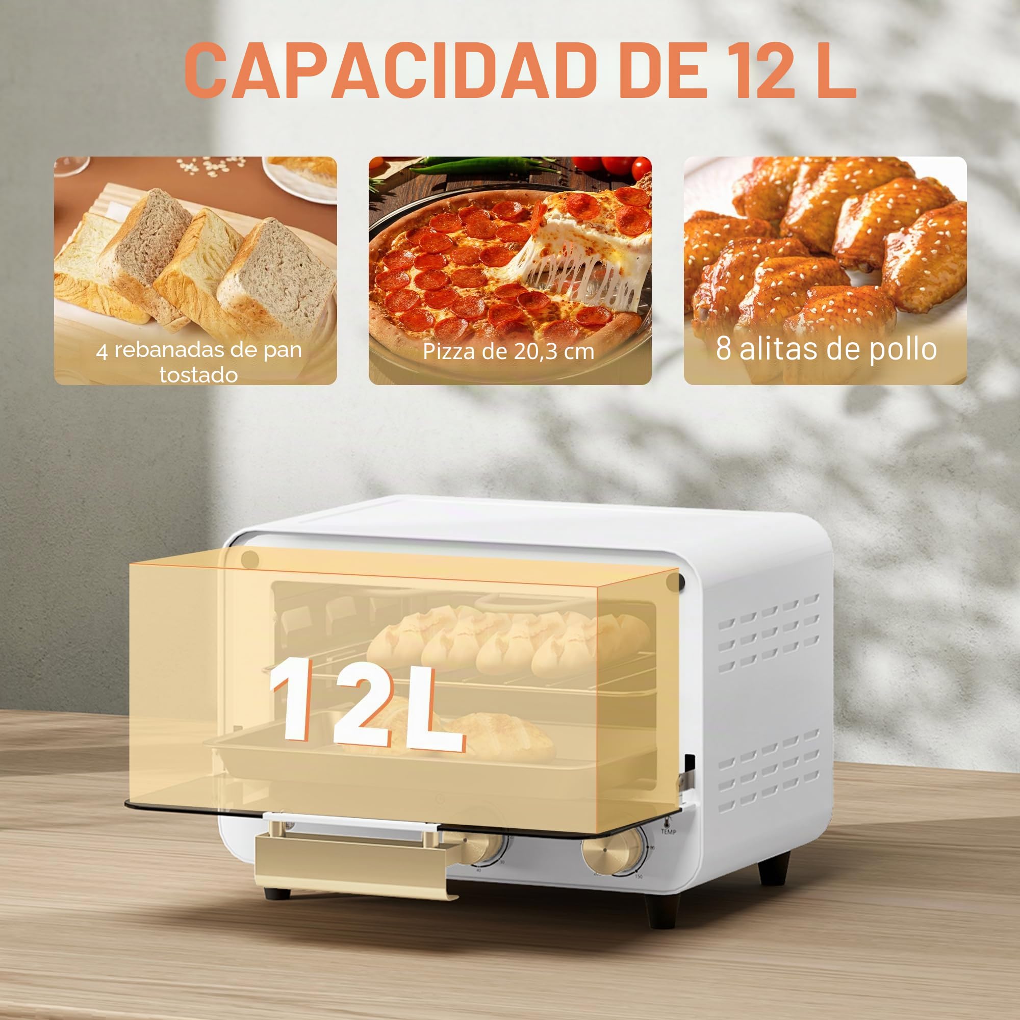 HOMCOM Horno Eléctrico 12L de 2 alturas con Temporizador y Temperatura Ajustable, Mini Horno de Acero Inoxidable, Cristal y Plástico, 31,5x27,7x22,7 cm, Blanco y Dorado