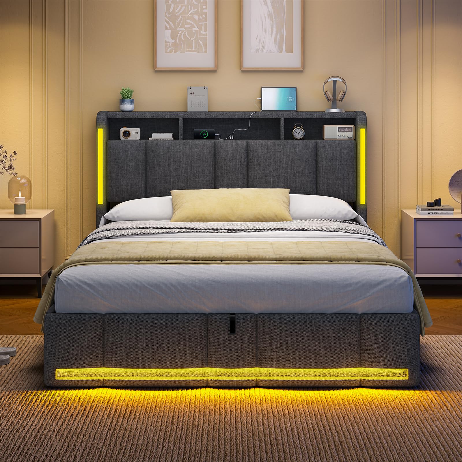 AOGLLATI Lit Coffre Hydraulique 140x190 avec Éclairage LED & Prise,Tête de lit capitonné avec Étagères Ouvertes et Rangement Caché, Lit 2 Personnes avec Sommier à Lattes, Lin Gris Foncé(sans Matelas)