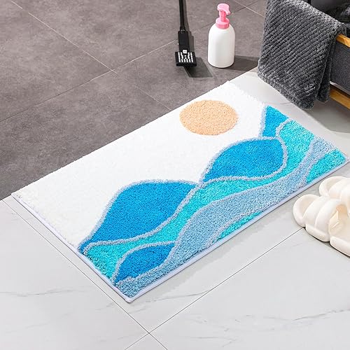 Darmaij - Alfombra de baño azul de 32 x 20 pulgadas, tapete de baño de microfibra antideslizante, lavable a máquina, divertido tapete de baño azul y