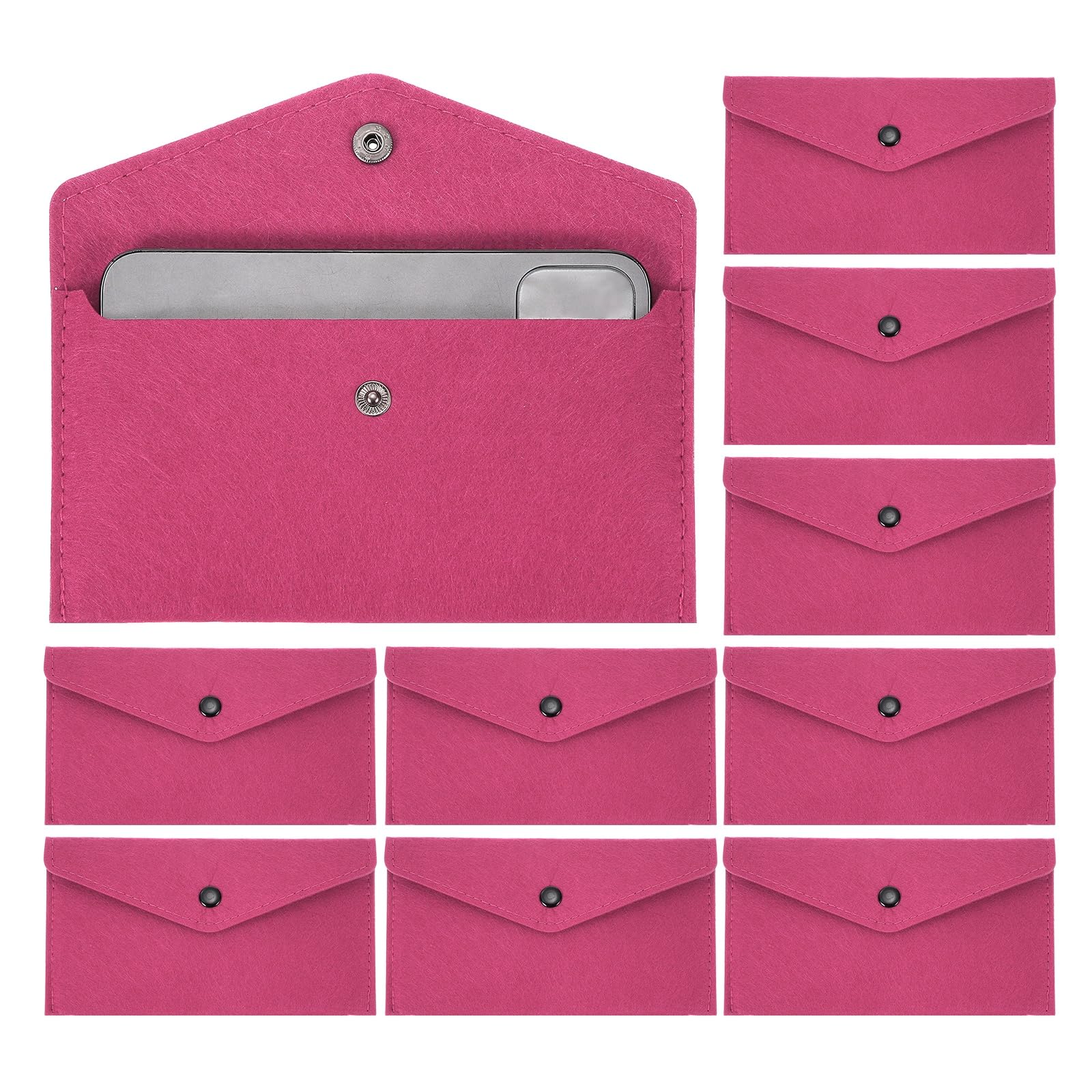 PATIKIL 10Pcs Felt Money Bag, Felt Cellphone Sleeve Case Pouch Cash Bag Button Closure Cash Envelope Wallet Storage Pouch for Card Pen Sunglasses, Light Rose Red