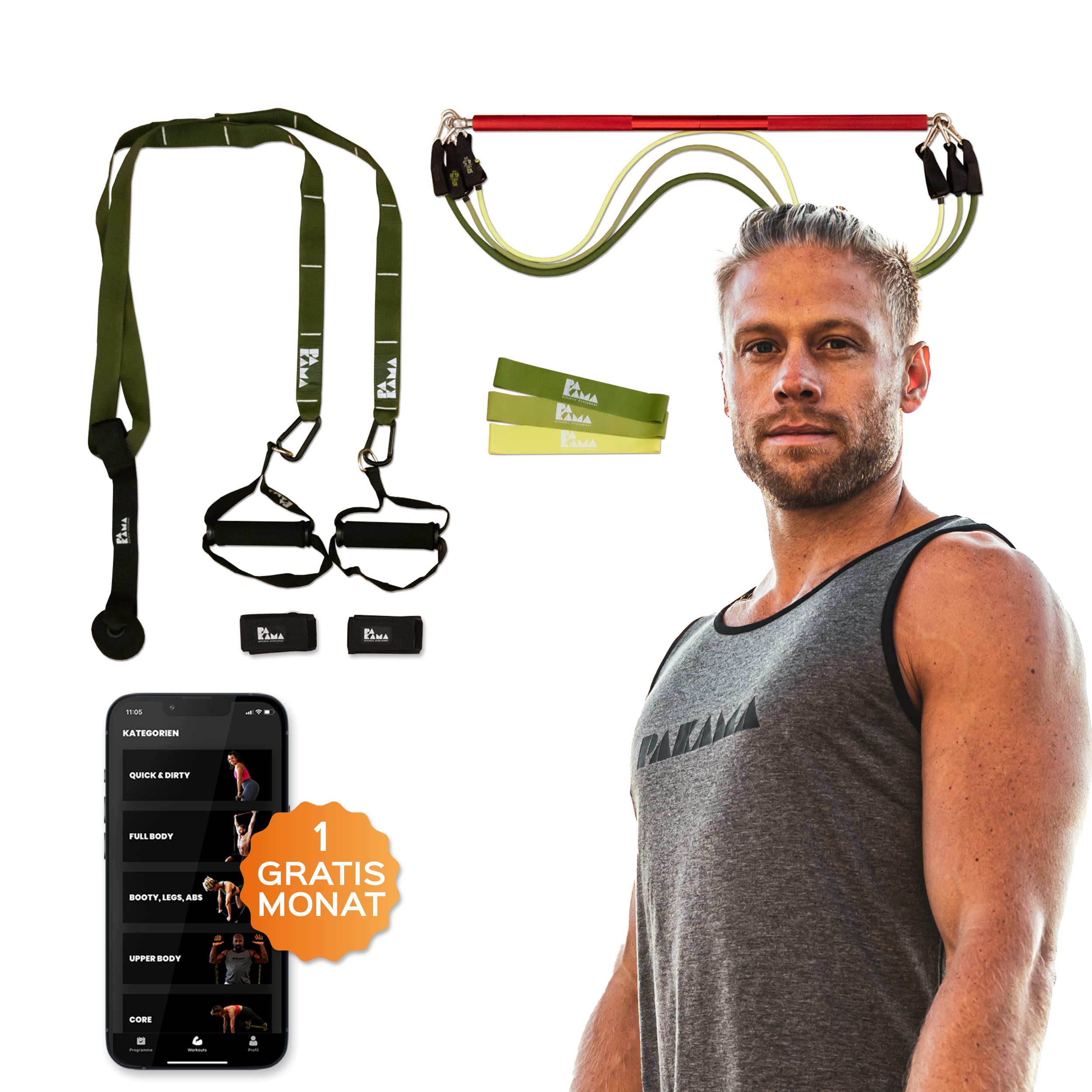 PAKAMA - Widerstandsbänder Starter-Set (inkl. App) mit Stange & Griffe für Home Workout & Krafttraining Zuhause - Extrem Resistance Bands mit Sling-Trainer - Fitness-Bänder für bis zu 80kg Widerstand