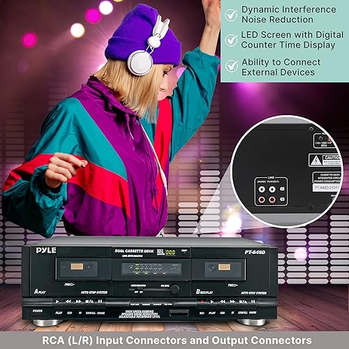 Miniatura 5 de Pyle Usa Dual Cassette Deck  Dispositivo de grabación de música con cables RCA  Hardware de montaje en rack extraíble  Selector de cinta CrO2