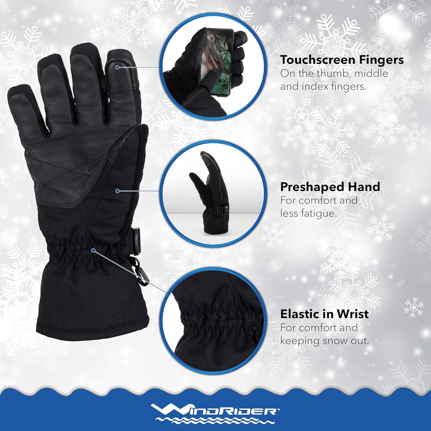 WindRider Rugged Waterproof Winter Gloves | Touchscreen Compatible | Cordura Shell, Thinsulate Insulation | Ice Fishing, Skiing, Sledding, Snowboard | for Women or Men