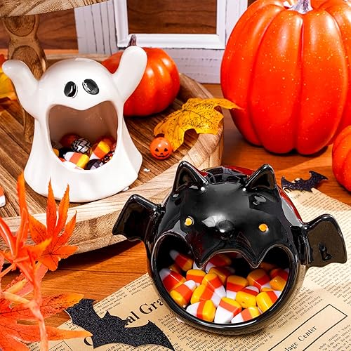 Whaline 2Pcs Halloween Candy Dish Holder - Bat Ghost Ceramic Dish Candle Holder - Cute Candy Bowl Holiday Tired Tray Decor for Trick or Treat Party Decoration Supplies Gift
