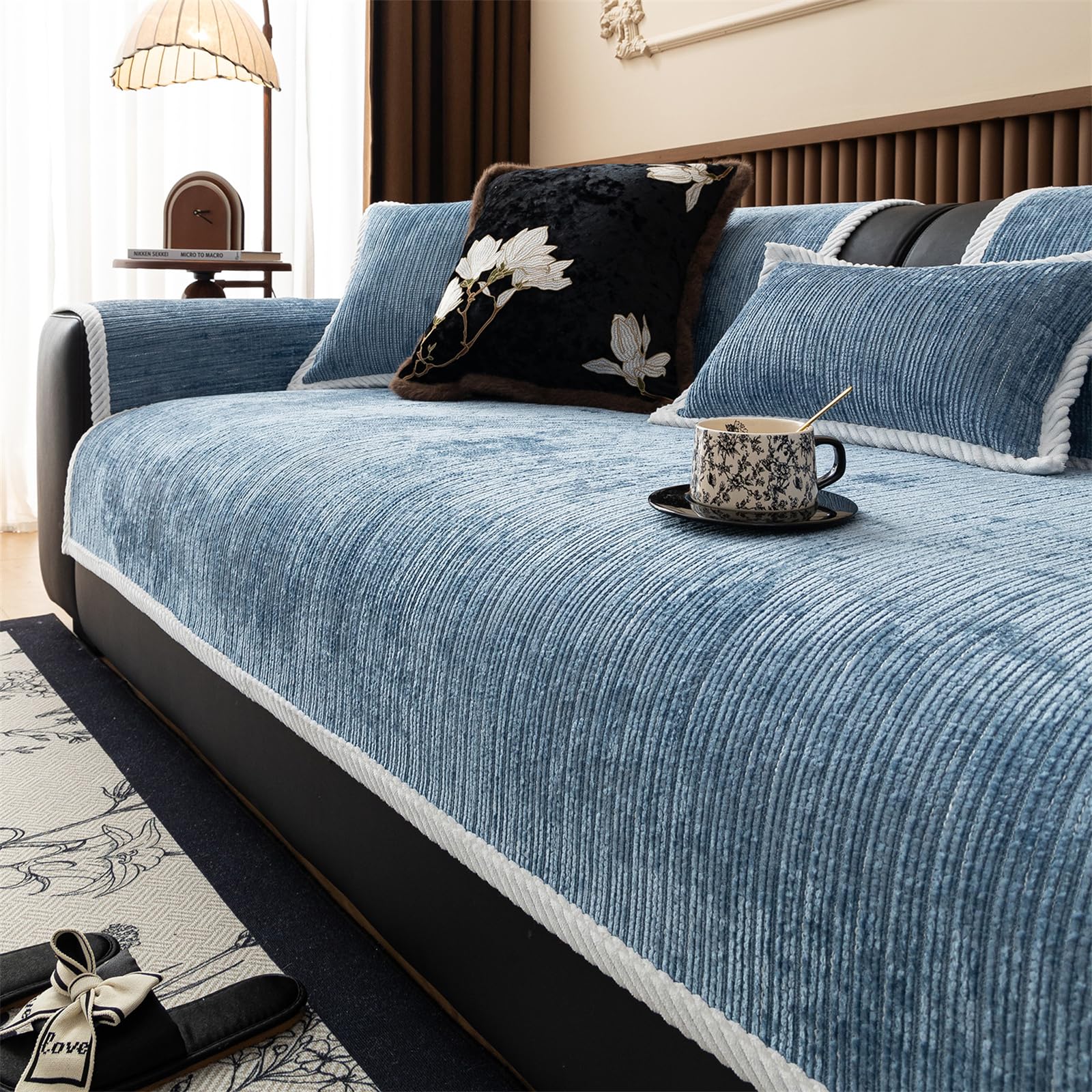 Lingky Chenille Blue Sofa Cover 1 2 3 4 Seater Non Slip Sofa Slipcovers Washable Chenille Textured Sofa Cushion Covers Sectional Couch Covers Sofa Protectors From Pets/Kids/Dogs (Blue,90X180cm)