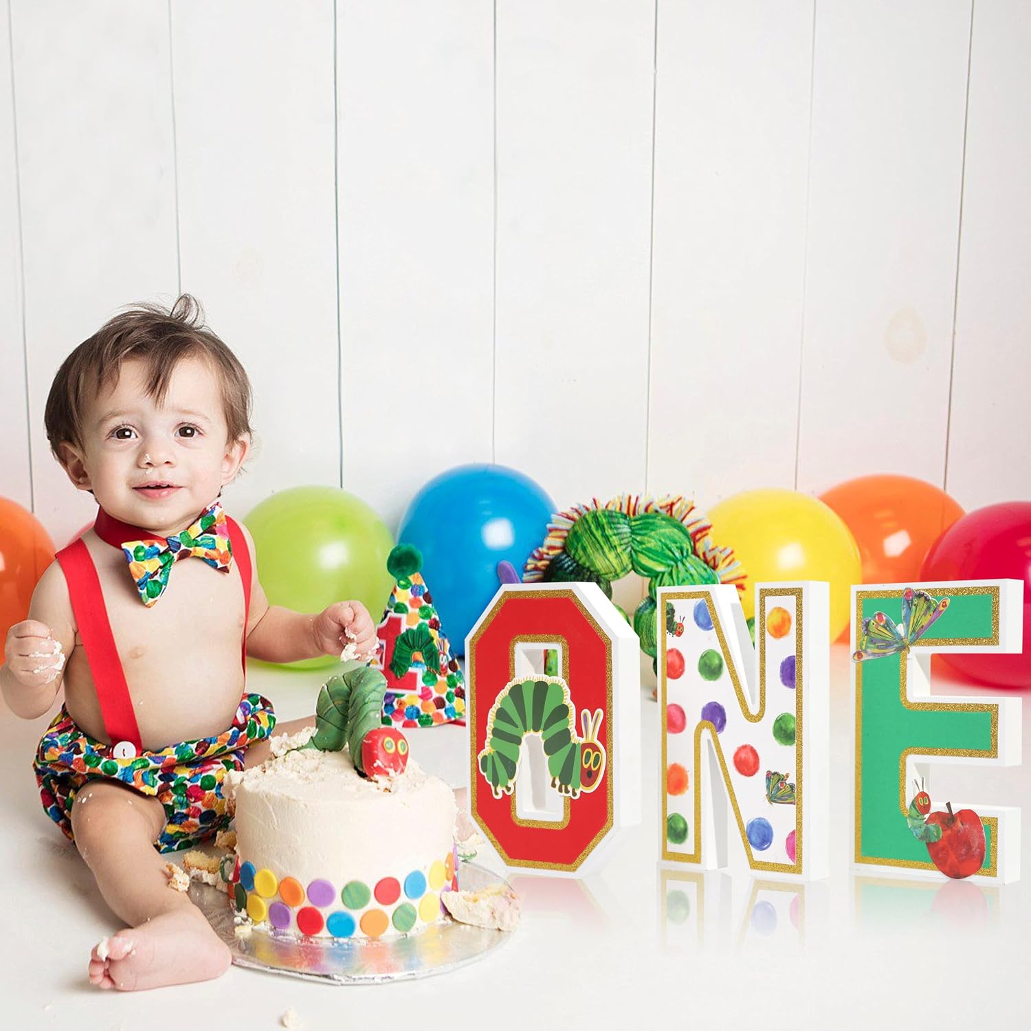 The Very Hungry Caterpillar ONE Sign- First Birthday Decorations For Boy Girl,Gold Glitter Apple Party Decor, 3D Standing Letters,Caterpillar Highchair Banner Photo Backdrop,Fruit 1st Year Baby Shower