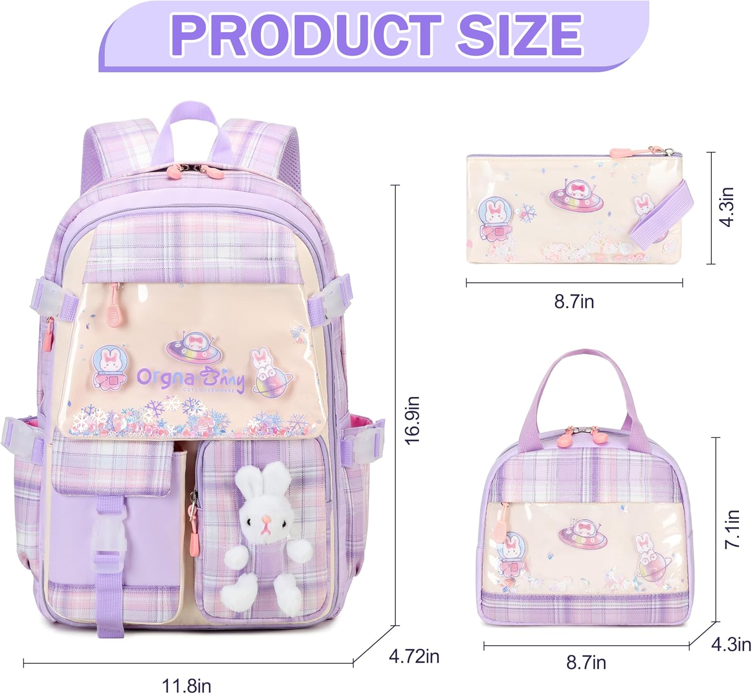 Girls Backpack Set, 3PCS Kids Backpack for Girls, Kawaii Bunny School Backpacks for Girl Kindergarten Elementary Preschool Middle School Bags with Lunch Box Pencil Case Purple-Plaid