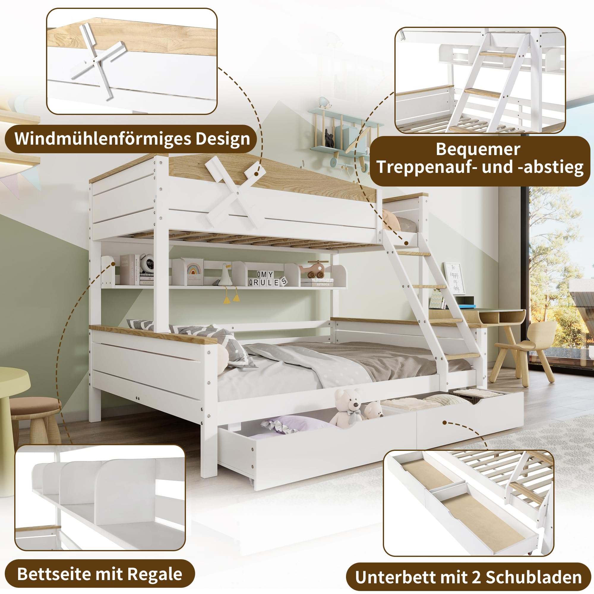 Rtopsu Kinderbett Etagenbett 90x200 cm & 140x200 cm mit Stauraum und Leiter,Hochbett mit Windmühle Hausbett Baumhaus Bett mit Lattenrost aus Holz und Rausfallschutz für 2-3 Kinder Weiß,Ohne Matratze