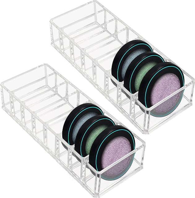 Kurtzy 2 Pack Clear Acrylic Eyeshadow Makeup Storage Organiser with 8 Sections - L21.5 x W8.5cm / 8.46 x 3.35 Inches - Compact Drawer & Desk Tray - Beauty Cosmetic Eye Shadow & Blush Powder Holder