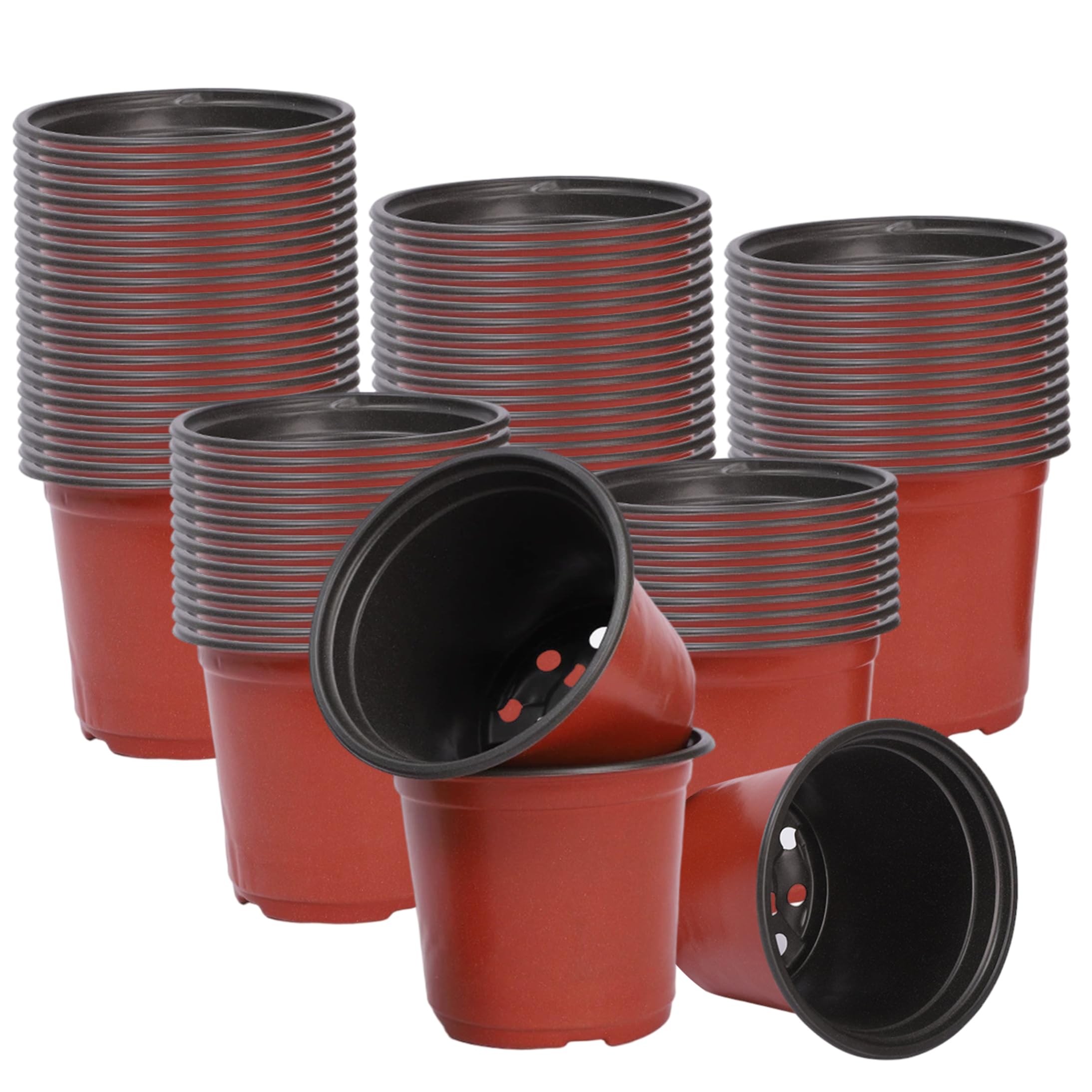 Otbushit 8 Inch Nursery Pots, 100 Packs Drainage, Red & Black 8 Inch Pots