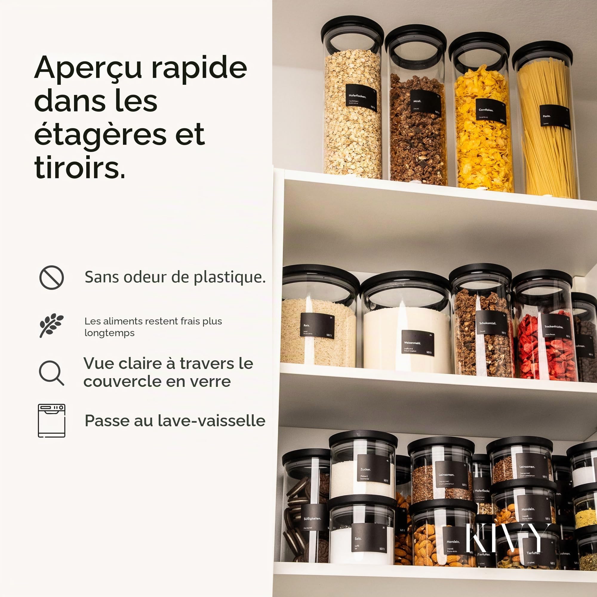 KIVY Lot de 6 petits bocaux de conservation en verre transparent - 350 ml - Boîtes à épices hermétiques empilables - Récipients à épices en verre - Tiroir à épices