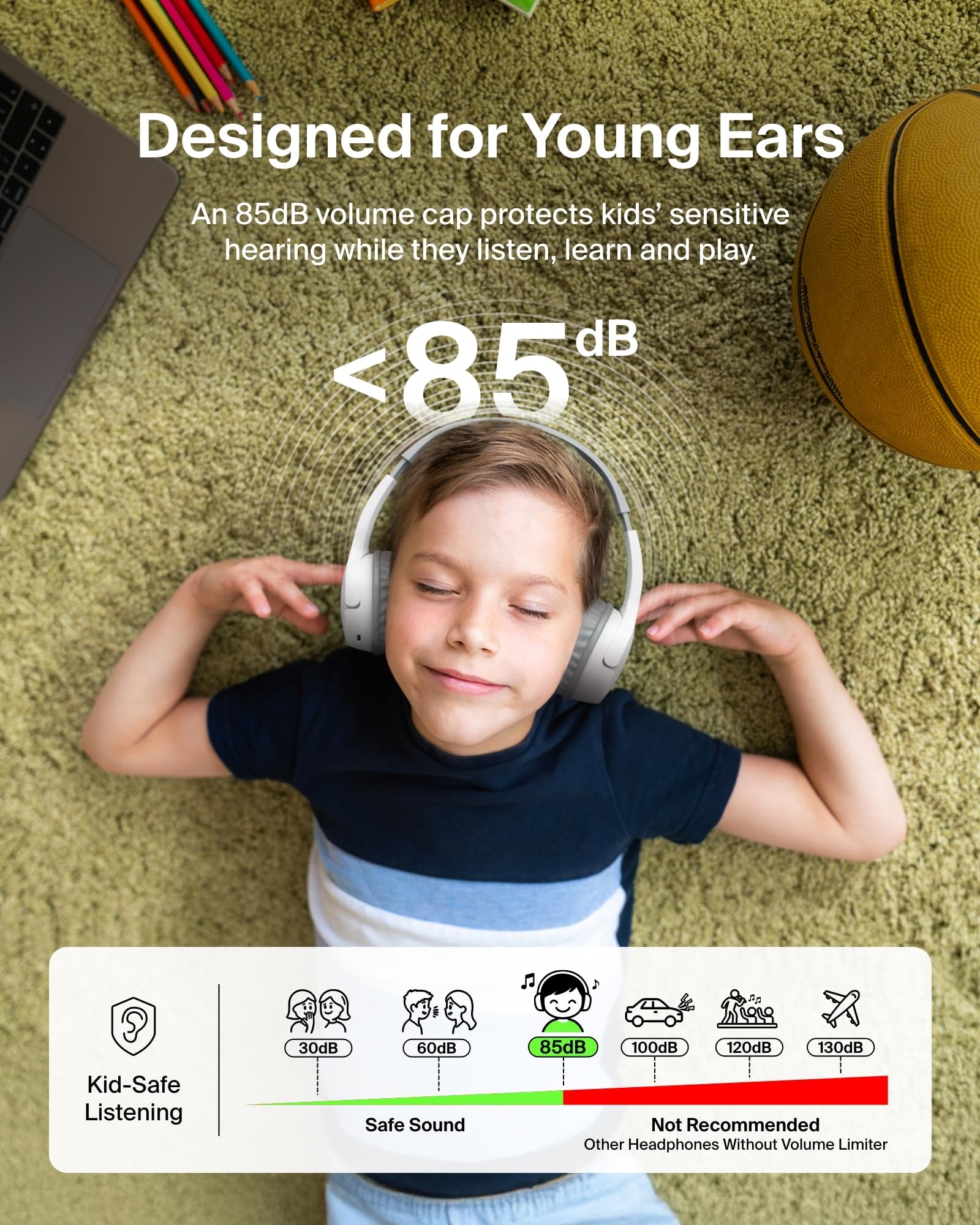 Belkin SoundForm Mini Kids Wireless Headphones w/Built-in Microphone, 30H of Playback Time, Fun Stickers, & Case - Over-Ear Headsets for Online Learning, School, iPhone, iPad, Galaxy, & More - White