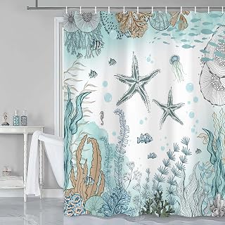 Starfish Shower Curtain, Nautical Sea Animals Summer Shower Curtains for Kids, Teal Blue Ocean Beach Coastal Decorative Bathroom Curtain Sets Waterproof Fabric Machine Washable with Hooks