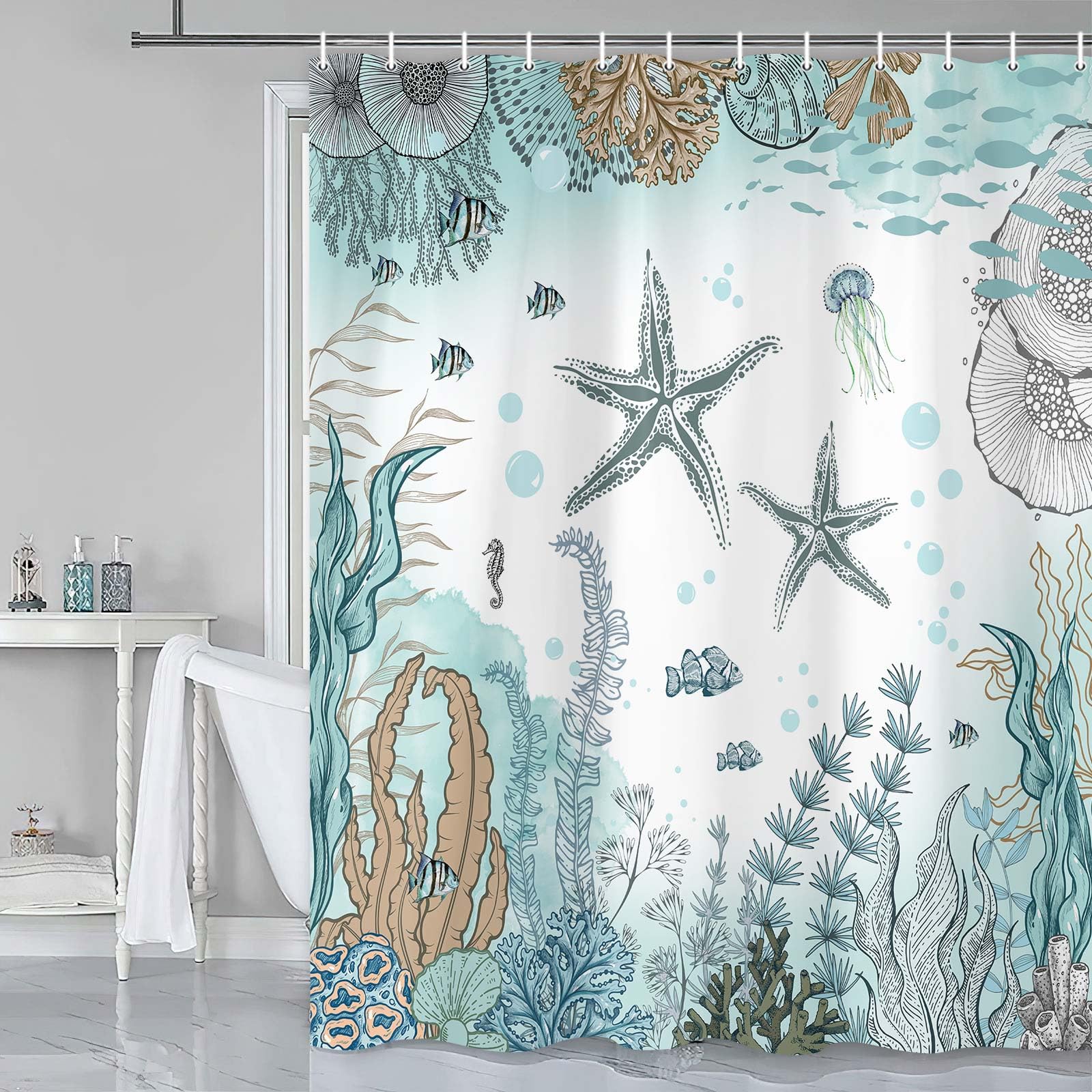 Grtuspr Starfish Shower Curtain, Nautical Sea Animals Summer Shower Curtains for Kids, Teal Blue Ocean Beach Coastal Decorative Bathroom Curtain Sets