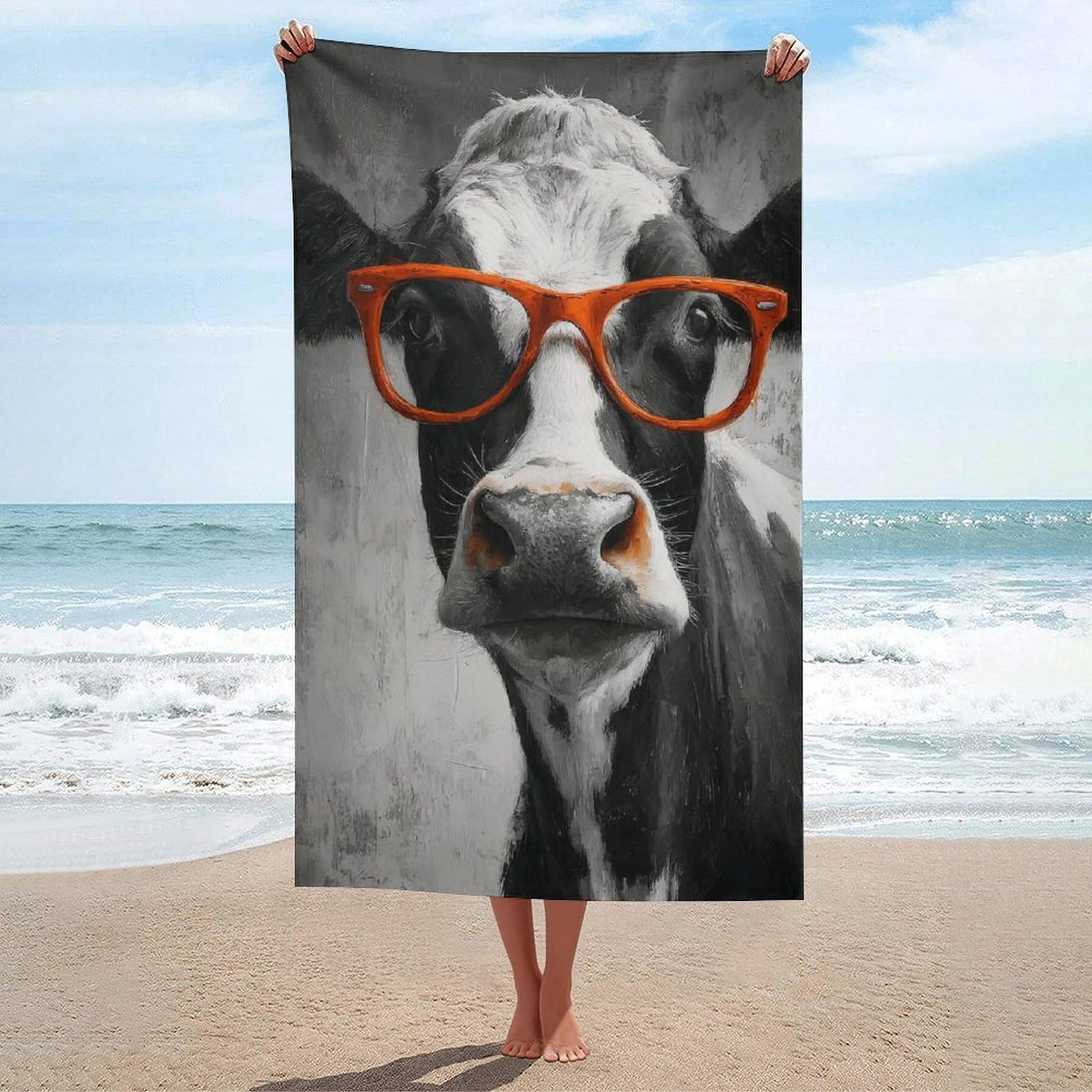 asbwuo Cow with Orange Glasses Beach Towel