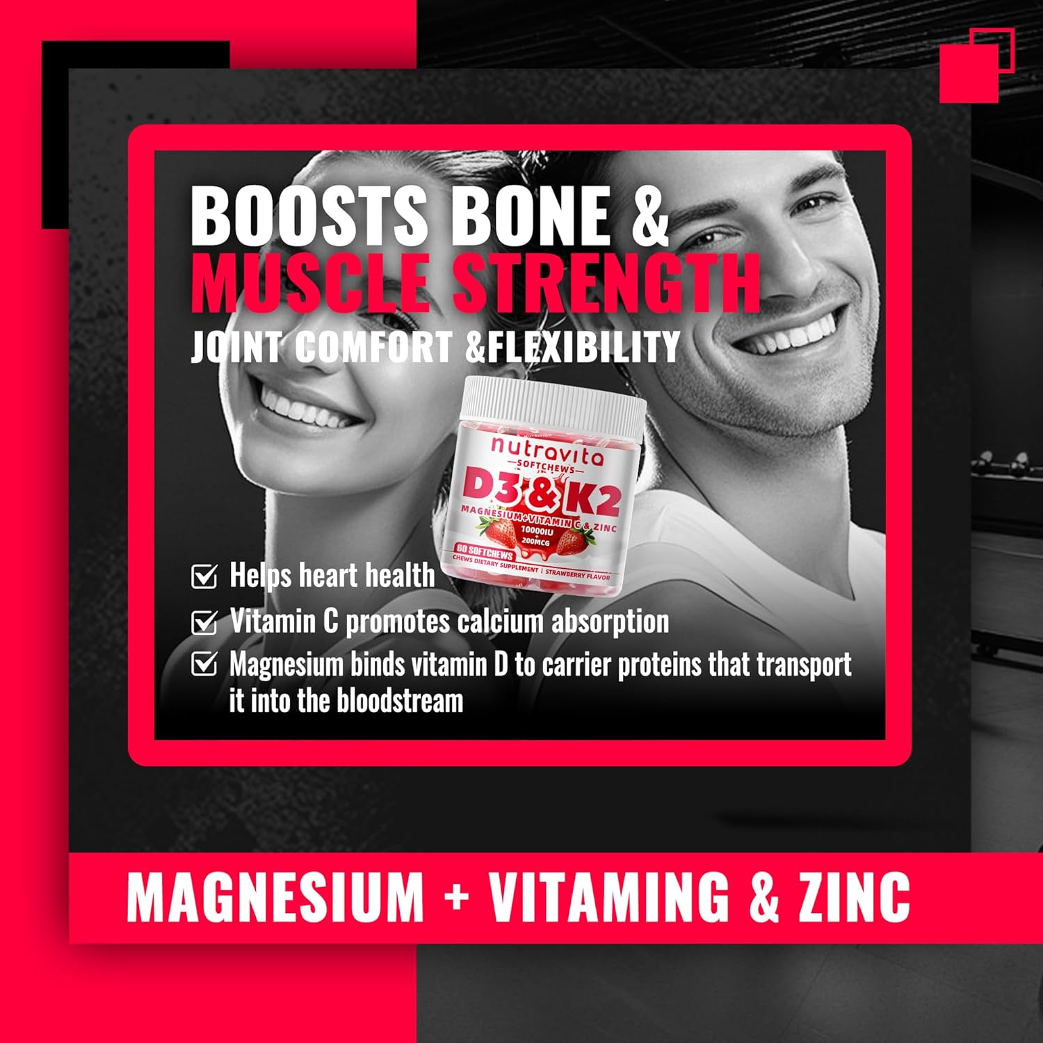 Nutravita Sugar-Free Vitamin D3 K2 Chews with Calcium + K2 (MK-7), Magnesium Citrate, Vitamin C, Extra Strength - Ultimate Absorption for Bone Muscle Teeth Immune,Vegan - 60 Count-Strawberry Flavor.