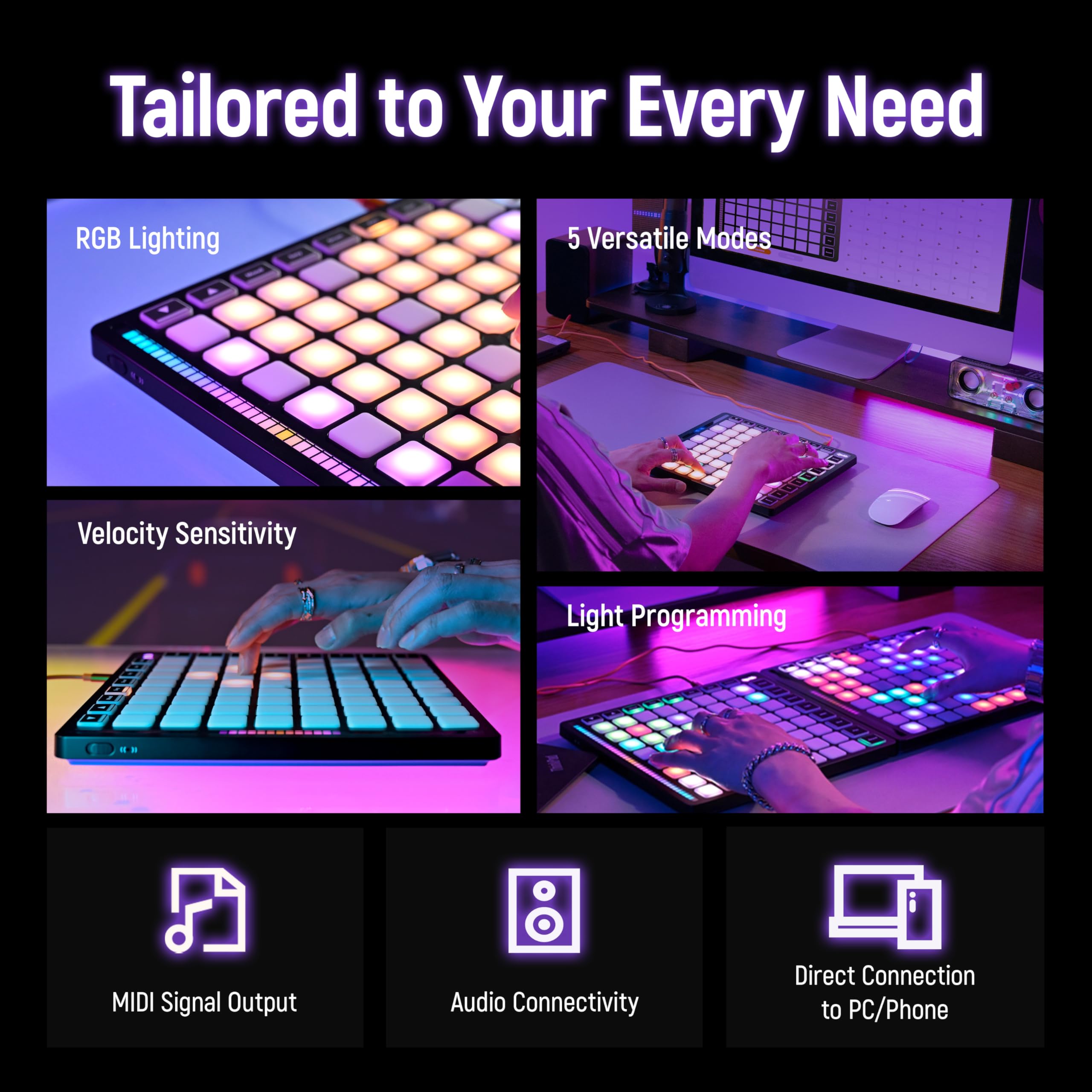 Synido Controlador MIDI de 64 almohadillas, TempoPAD Z-1 Beat Maker con 64 almohadillas de ritmo para producción musical, controlador midi USB con modo fácil para principiantes