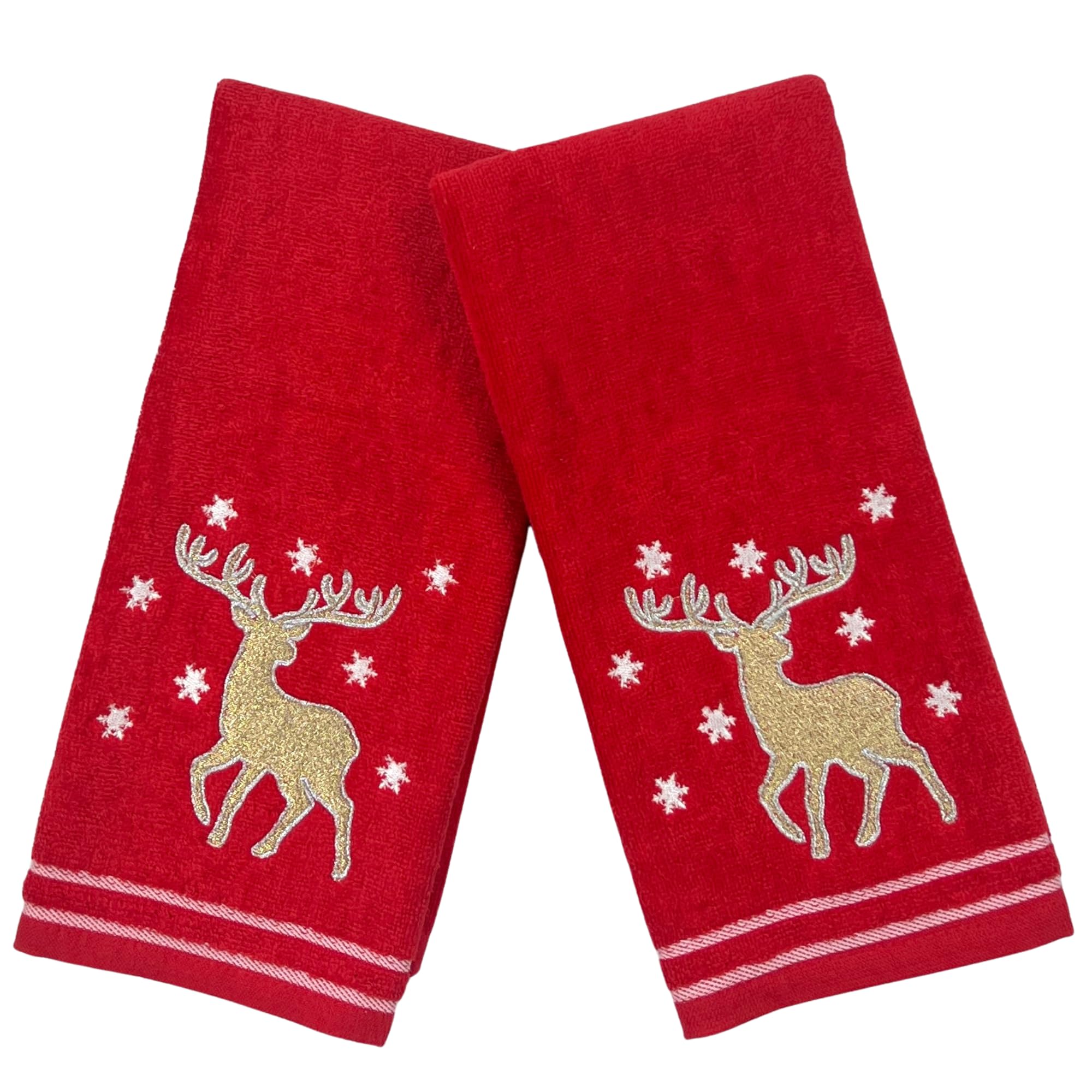 Serafina Home Christmas Hand Towels for Bath– Set of 2 Red Plush 100% Cotton Embroidered Gold Reindeer & White Snowflakes Design – 25 x 16” Decorative