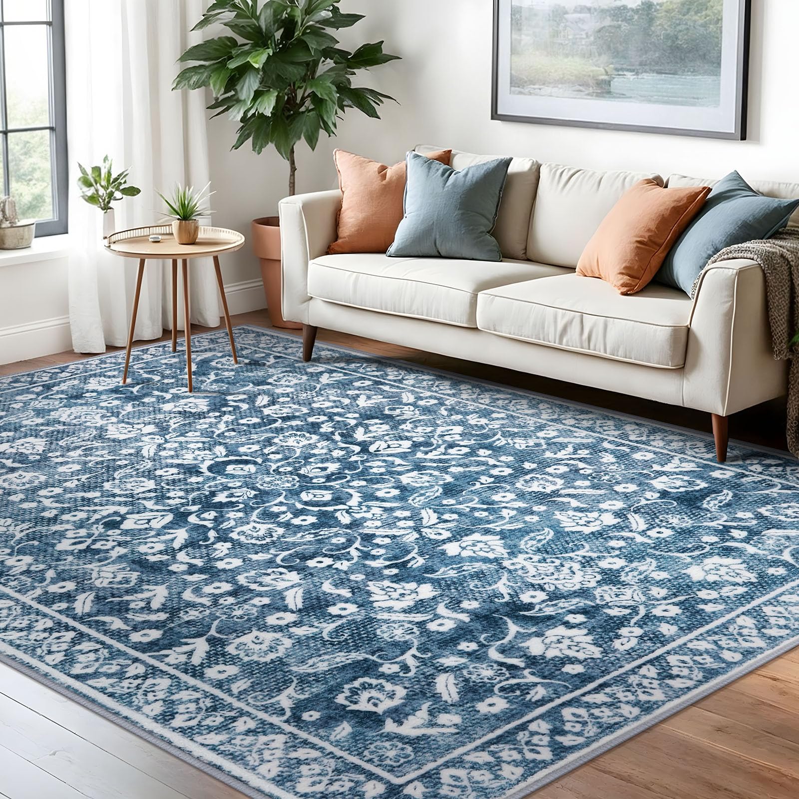 SILOLOOM Vintage Area Rug 6x9, Blue and White Non-Slip Soft Area Rug Living Room Thin Printed Faux Wool Floor Super Soft Carpet Throw Rugs for Bedroom