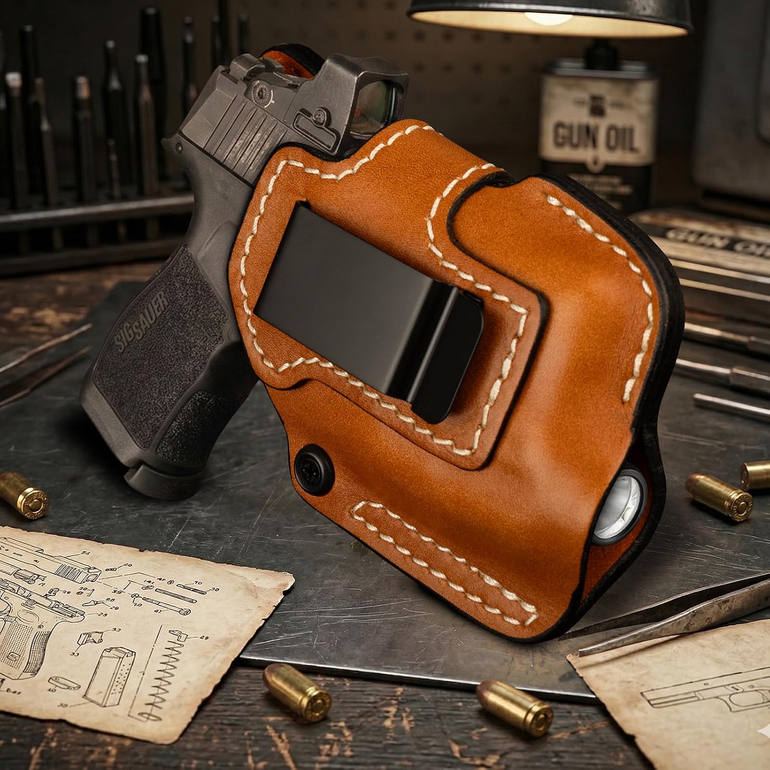 IWB Leather Holster for P365 & Hellcat with TLR-7 Sub/TLR-7 X Sub/TLR-8 Sub/TLR-8 X Sub/TLR-8 G Sub & TLR-7 HL-X Sub/TLR-8 HL-X Sub, Optic-Ready, Inside Waistband Carry, 1.75" Steel Clip, Brown, Right