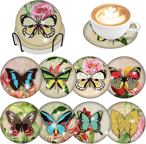 8 posavasos de diamantes de mariposa con soporte para bricolaje, diseño de mariposas florales, diseño de diamantes, posavasos de diamante 5D,