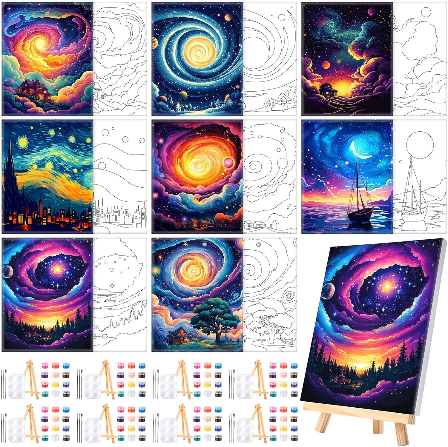 8 Sets 8" x 10" Flower and Bird Pre Drawn Canvas for Painting for Sip and Paint Party Predrawn Coloring Set Pre Sketched Canvas Boards with Paints and Brushes for Adult