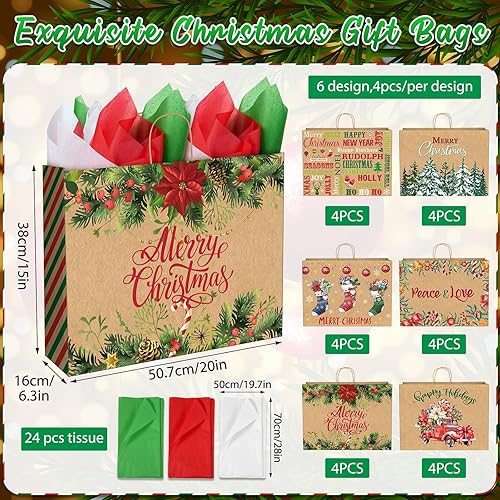Miniatura 8 de Zachely 12 bolsas de regalo de Navidad extra grandes con 12 papel de seda, bolsas de papel kraft jumbo a granel para regalos, 6 estilos de bolsas de