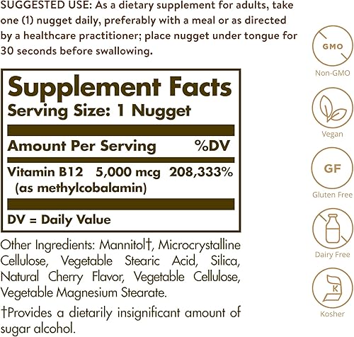 Miniatura 3 de SOLGAR Metilcobalamina Vitamina B12 5000 mcg Nuggets  Apoya la energía, la forma activa B12, sin OMG y CoQ10 de alta absorción del doctor con