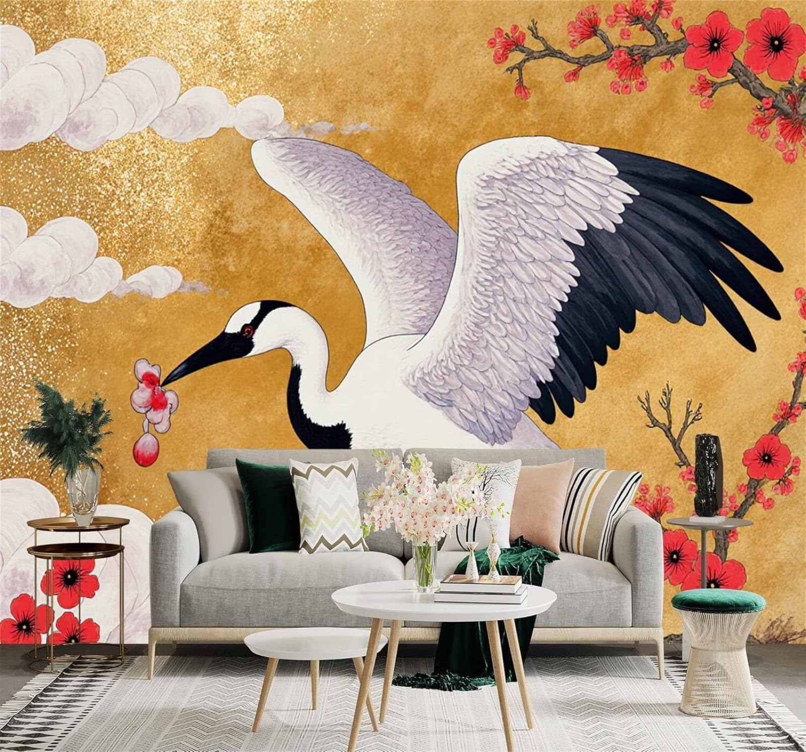XLMING Red Plum Blossoms Abstract Gold Clouds Birds 3D Wallpaper Premium Textured Silk Study Dining Living Room Bedroom Sofa TV Wall Easy Install-300cm×210cm
