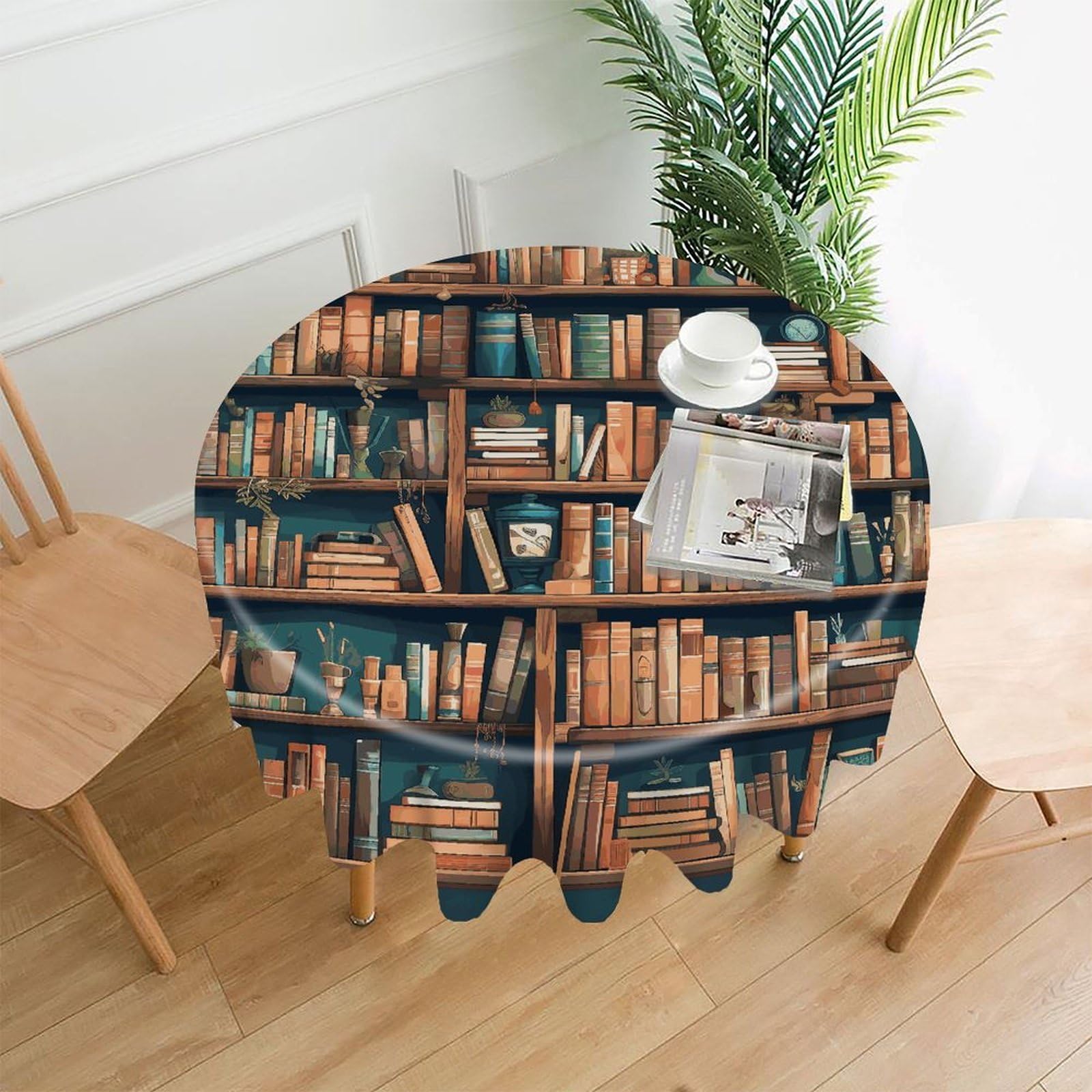 VstaDank Cartoon Bookshelf Bookworm Tablecloth Easy to Clean Polyester Round Table Cover Washable Round Table Cloth Wrinkle-Free Circle Decoration Tablecloth for Kitchen Dining Room 60"