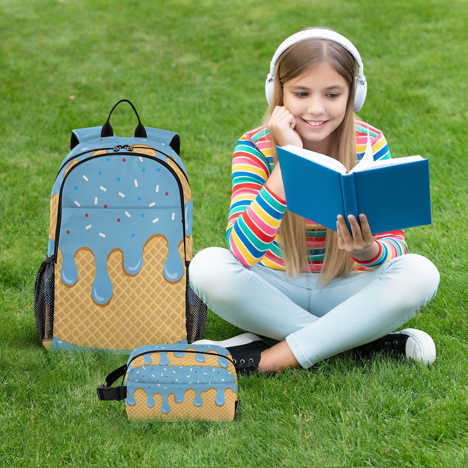 ALAZA Blue Ice Cream Backpack and Lunch Bag Set for Girls Boys Kids School Bag Bookbags Elementary Back Pack Casual Daypack
