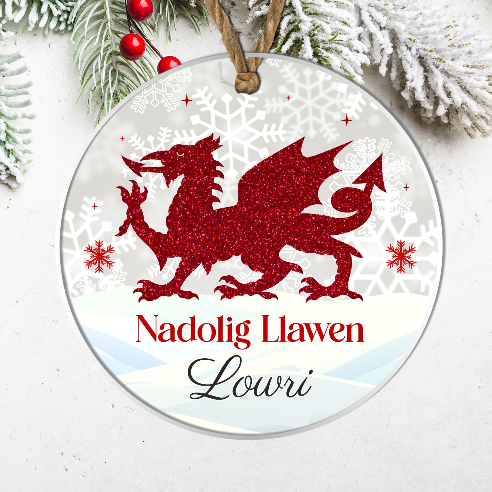 Personalised Welsh Merry Christmas Nadolig Llawen Bauble Hanging Ornament Cute Designs for Family Friends Festive Wales Gifts (Dragon, Acrylic - Indoor & Outdoor use)