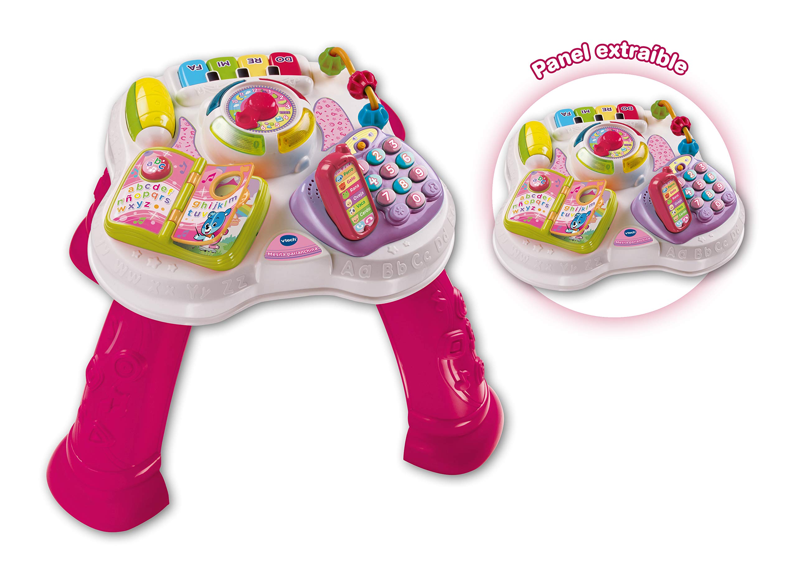 VTech - Mesita parlanchina 2 en 1, Juguete para Bebes +9 Meses, Mesa de Actividades con Panel extraíble, 6 Zonas interactivas, Color Rosa, Embalaje sostenible, SPB, versión ESP (3480-148087)