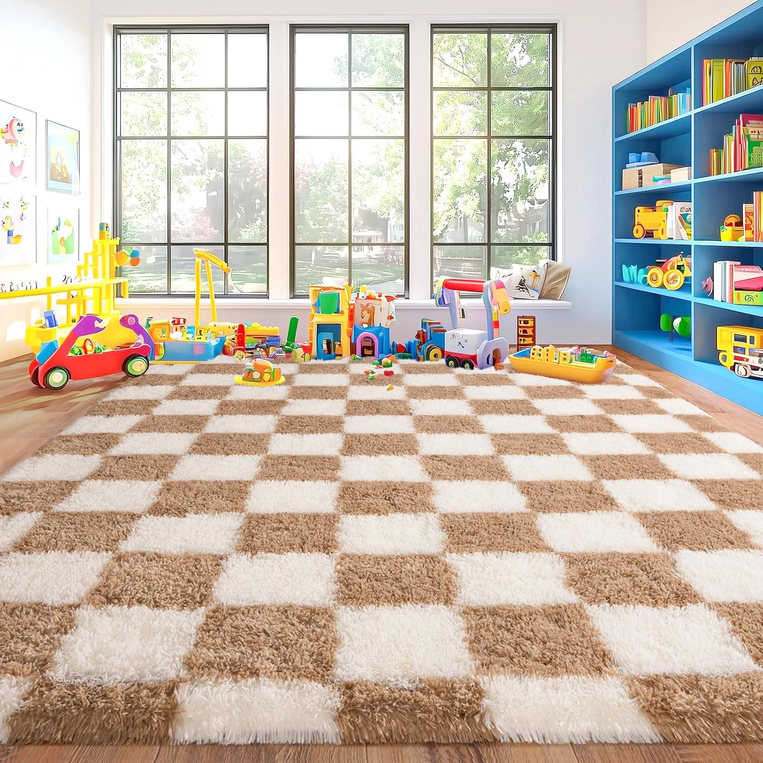 Pionblank 8x10 Area Rugs for Living Room, Fluffy Plush Checkered Rug for Bedroom, Shag Non Slip Soft Furry Large Carpet for Kids Room Nursery Home Decor, Beige and Cream White