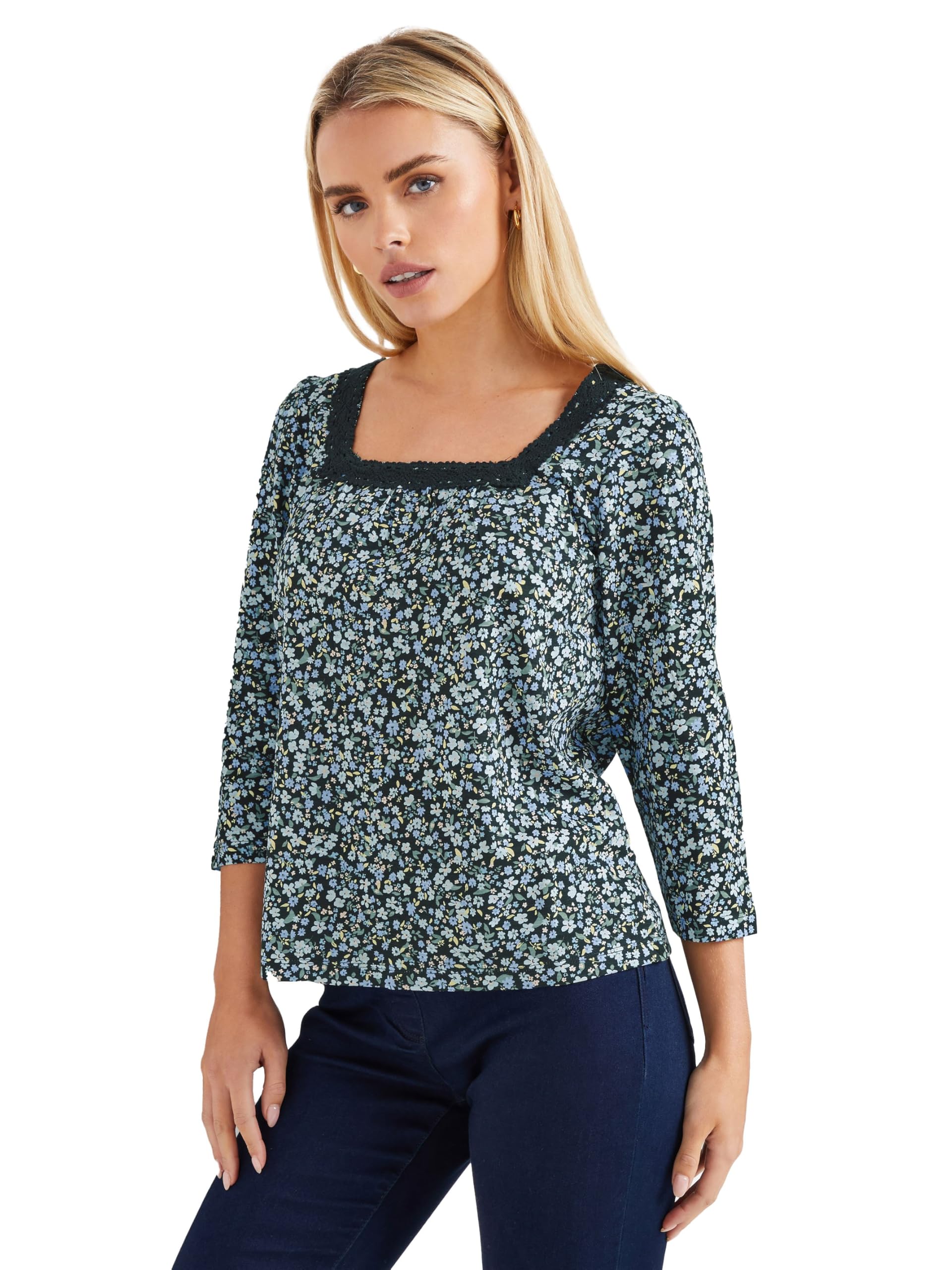 M&Co Petites Petite Floral Print Square Neck Top - Women's Black