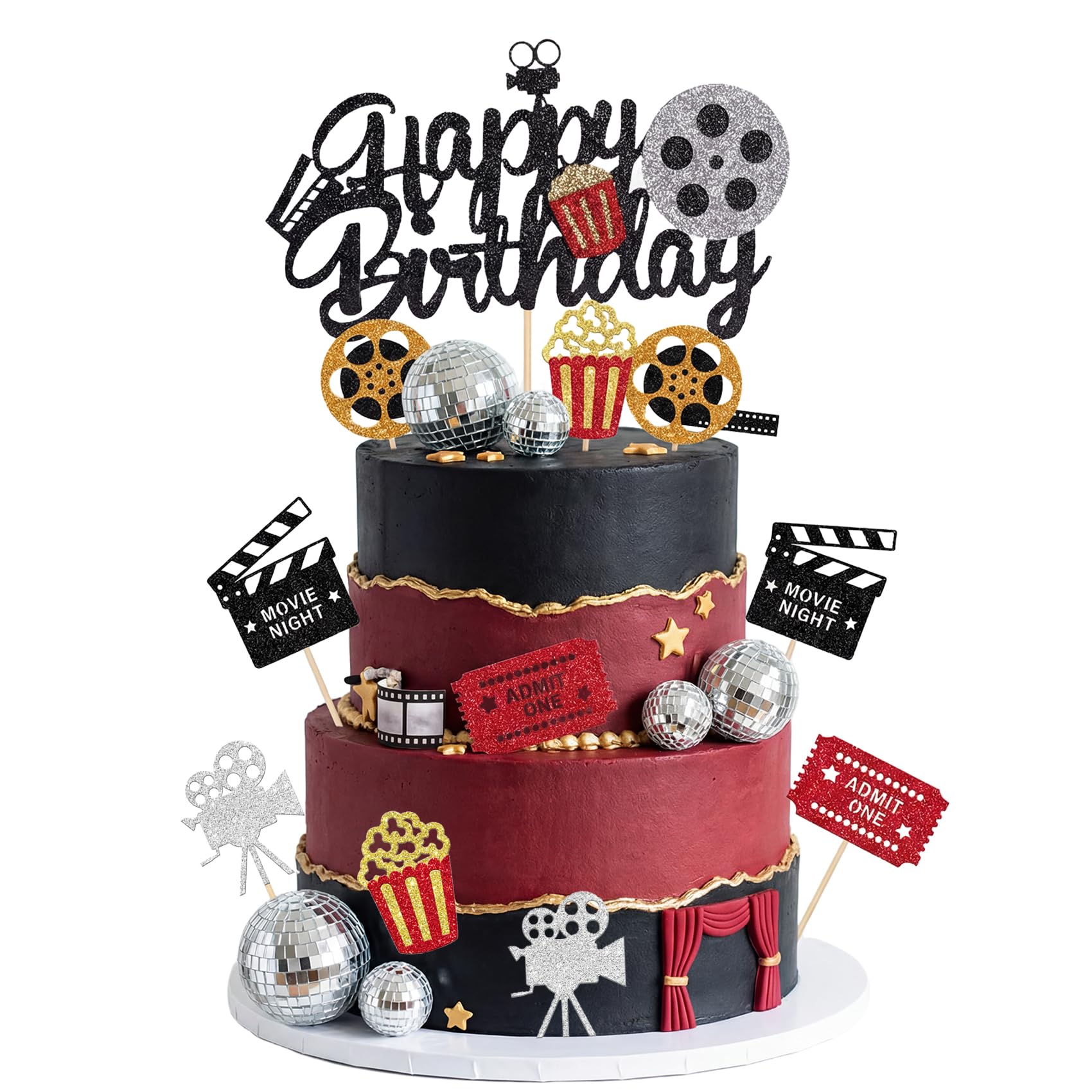 Knana 17Pcs Movie Cake Topper Movies Party Decorations Movie Theme Cake Decorations with 70s 80s Mirror Balls for Birthday Party Supplies