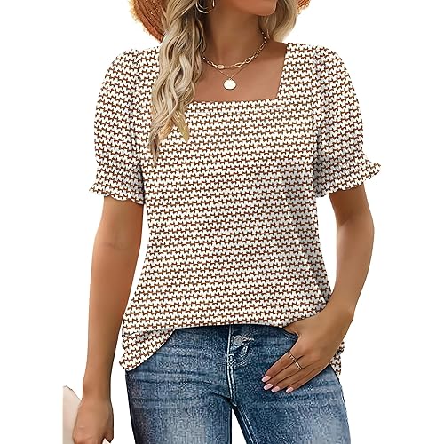 WEESO Womens Summer Tops 2025 Trendy Square Neck Blouses Short Puff Sleeve Shirts