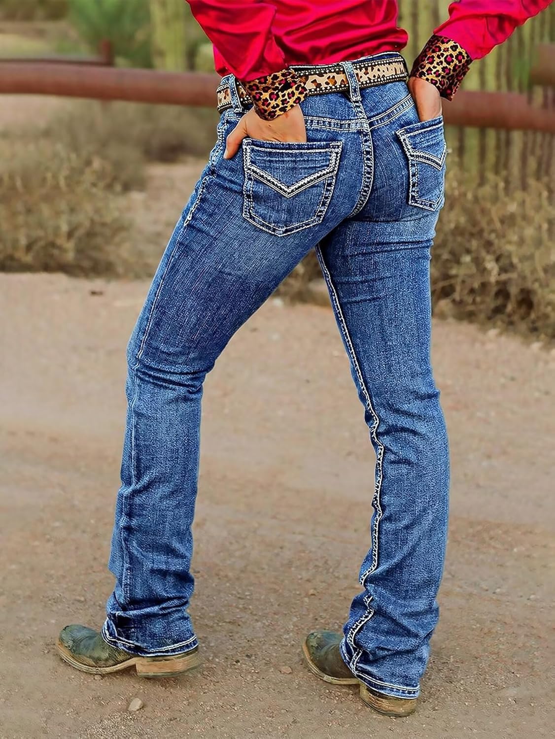 Flamingals Bootcut Jeans for Women Mid Waist Slim Fit Stitch Detail Patched Pocket Boot Cut Denim Jeans Without Belt