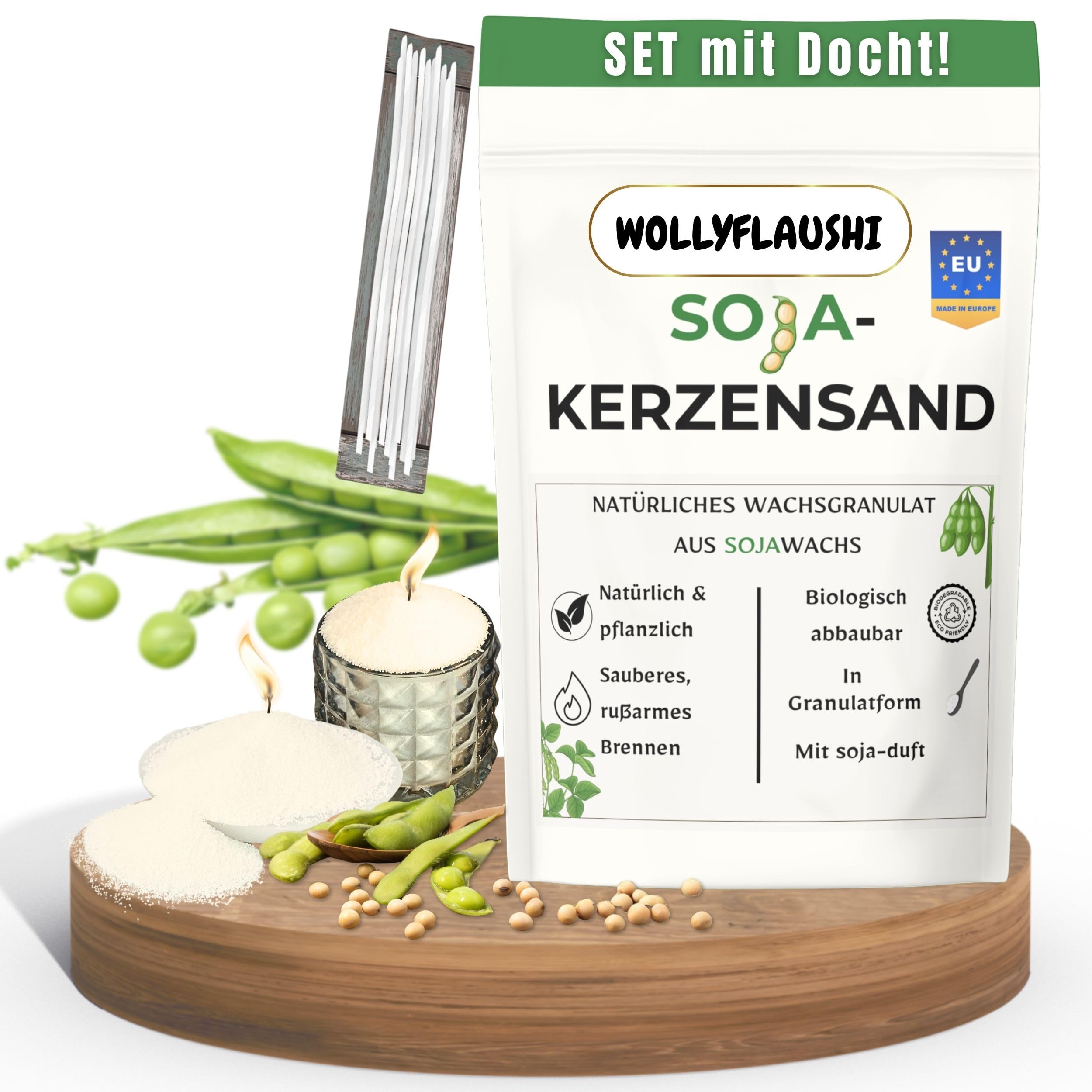 Sojawachs Kerzensand 3 kg mit Docht Kerzenwachs Pflanzlich | Pflanzliche Wachs aus Soja - Rußarm lange Brenndauer, mehrfach verwendbar - Kerzenwachsgranulat Natur eigenduft