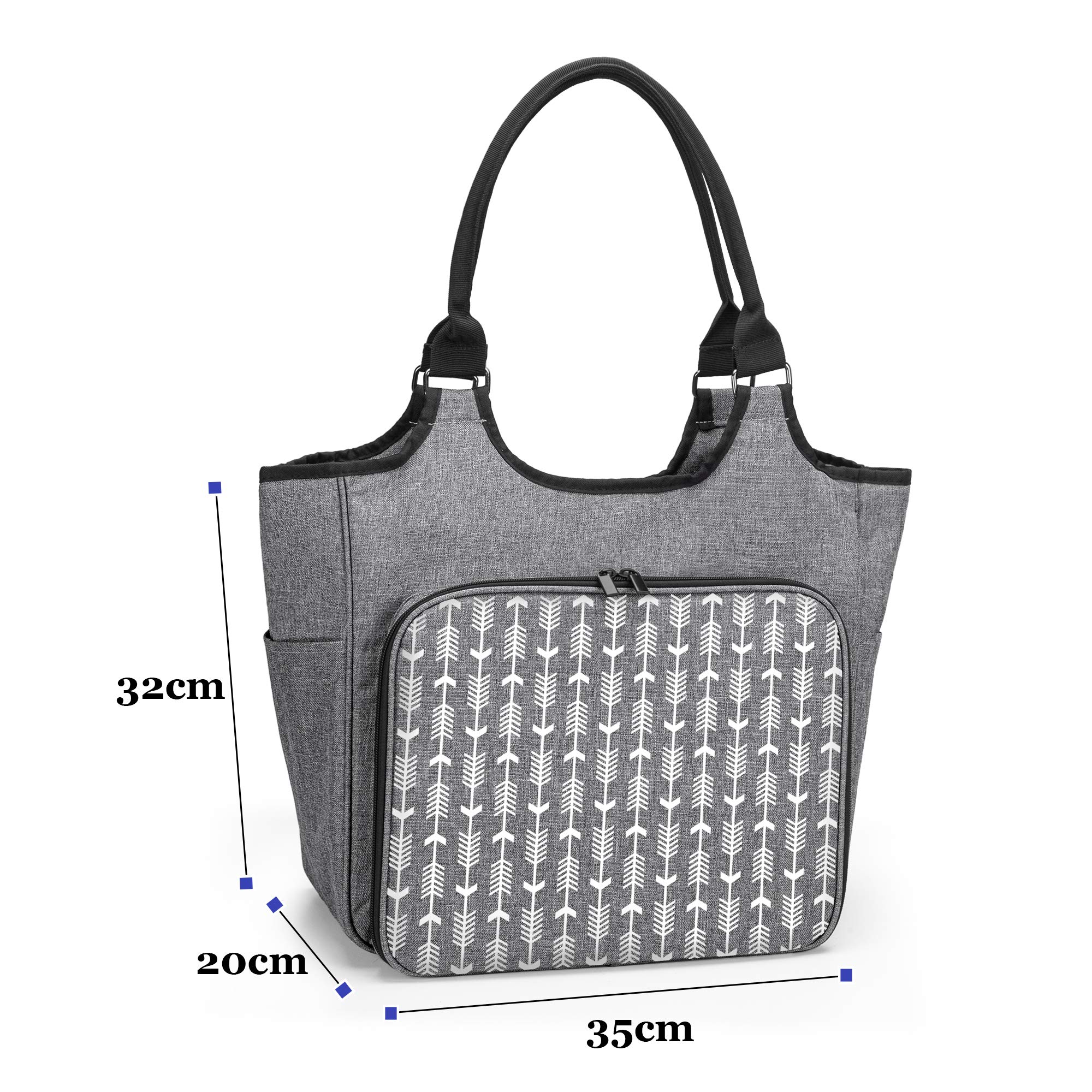 Yarwo Stricktasche zur Aufbewahrung von Wolle, Tasche für Wolle, Aufbewahrungstasche für Häkelnadeln Sets und Stricken Zubehör, Grau mit Pfeilmuster(PATENT ANGEMELDET) | 2 Hauptfächer mit 4 Taschen, 4 Ösen für Garn, Fronttasche, Rücktasche, 2 Seitentasche