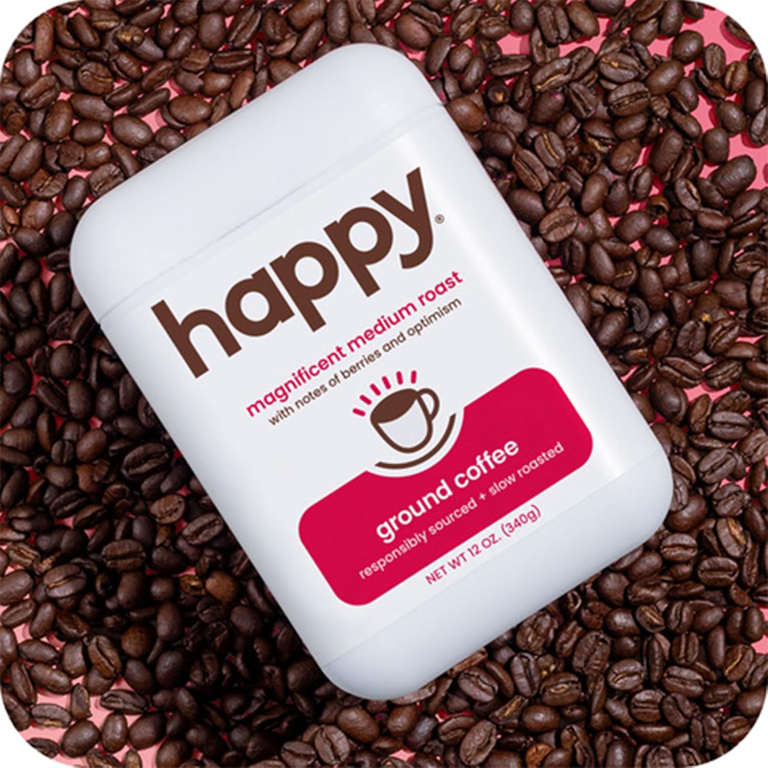happy coffee medium roast ground coffee, 12 oz 2 pack., notes of berries & optimism, recyclable container, grown & harvested in Brazil & Colombia, raíz sustainability verified