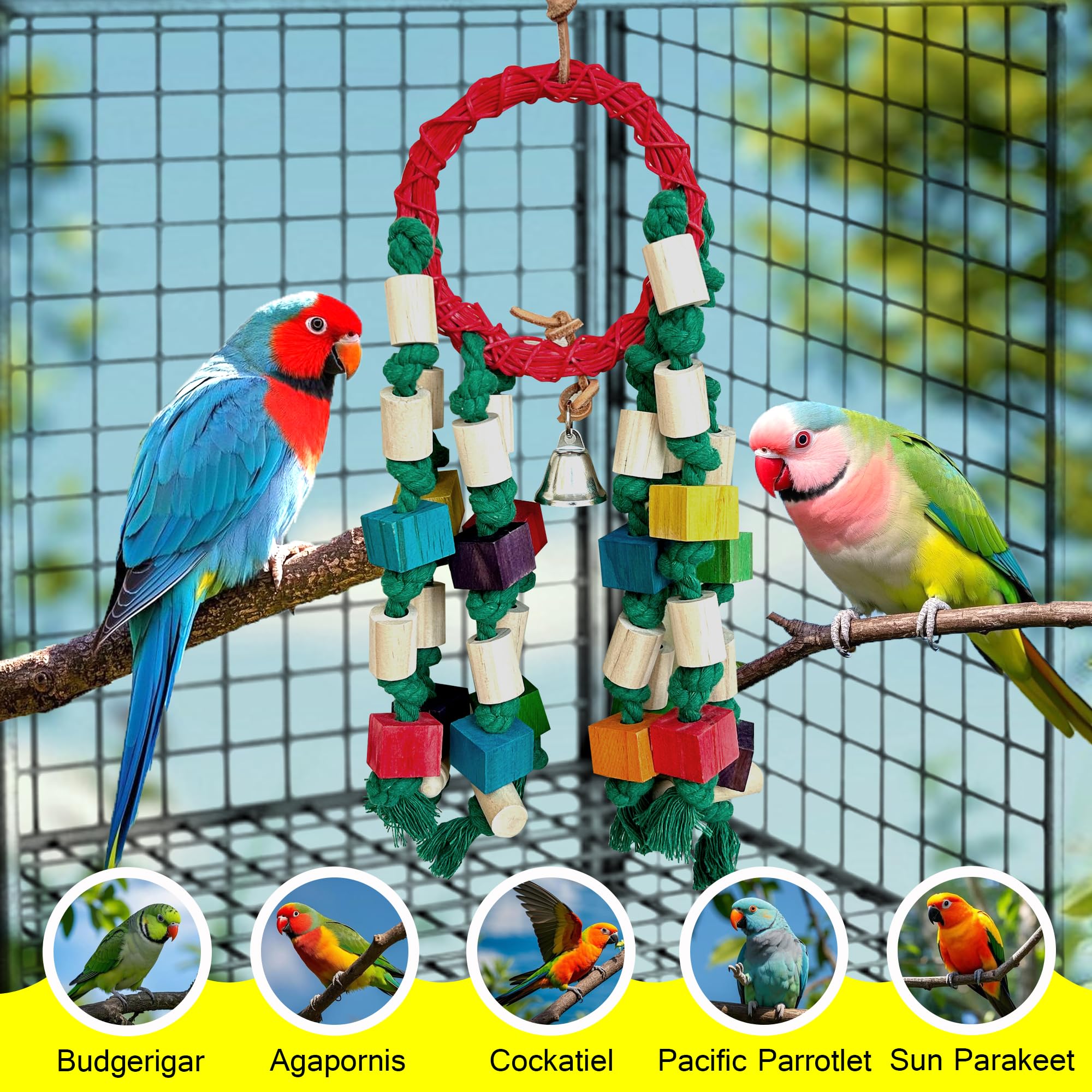 LUCKITTY 18in Natural Parrot Toys for Small & Medium Birds- Chew Toys with Rattan Ring, Cotton Rope & Wood Blocks, Colorful Eco Cage Accessories for Budgies, Cockatiels, Lovebirds, Conures - image 5