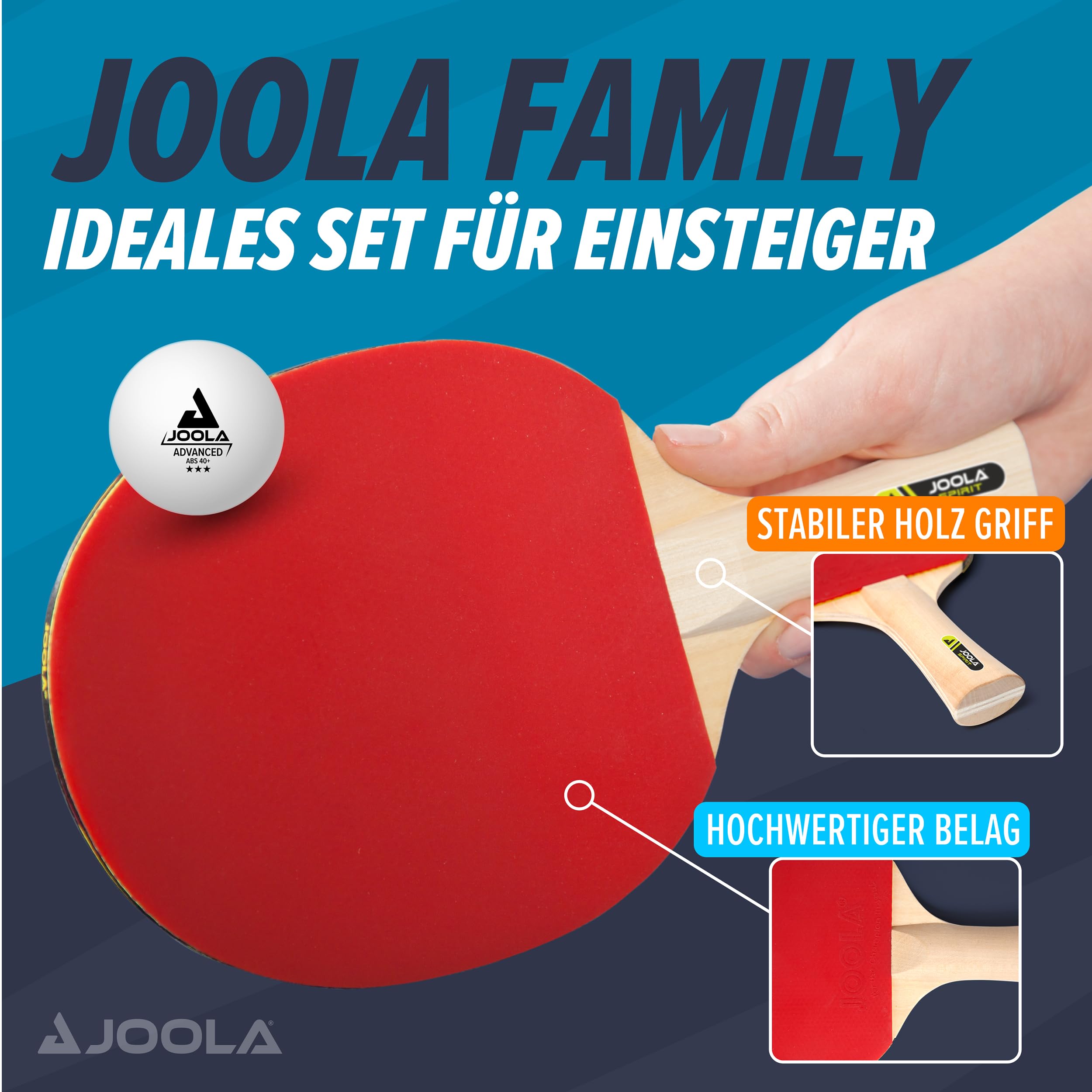 JOOLA Tischtennisplatte Inside J18 Tischtennistisch Indoor klappbares Untergestell & Tischtennis-Set Family, 4 Tischtennisschläger + 10 Tischtennisbälle + Tasche, ca. B 30 x H 8 x T 35 cm