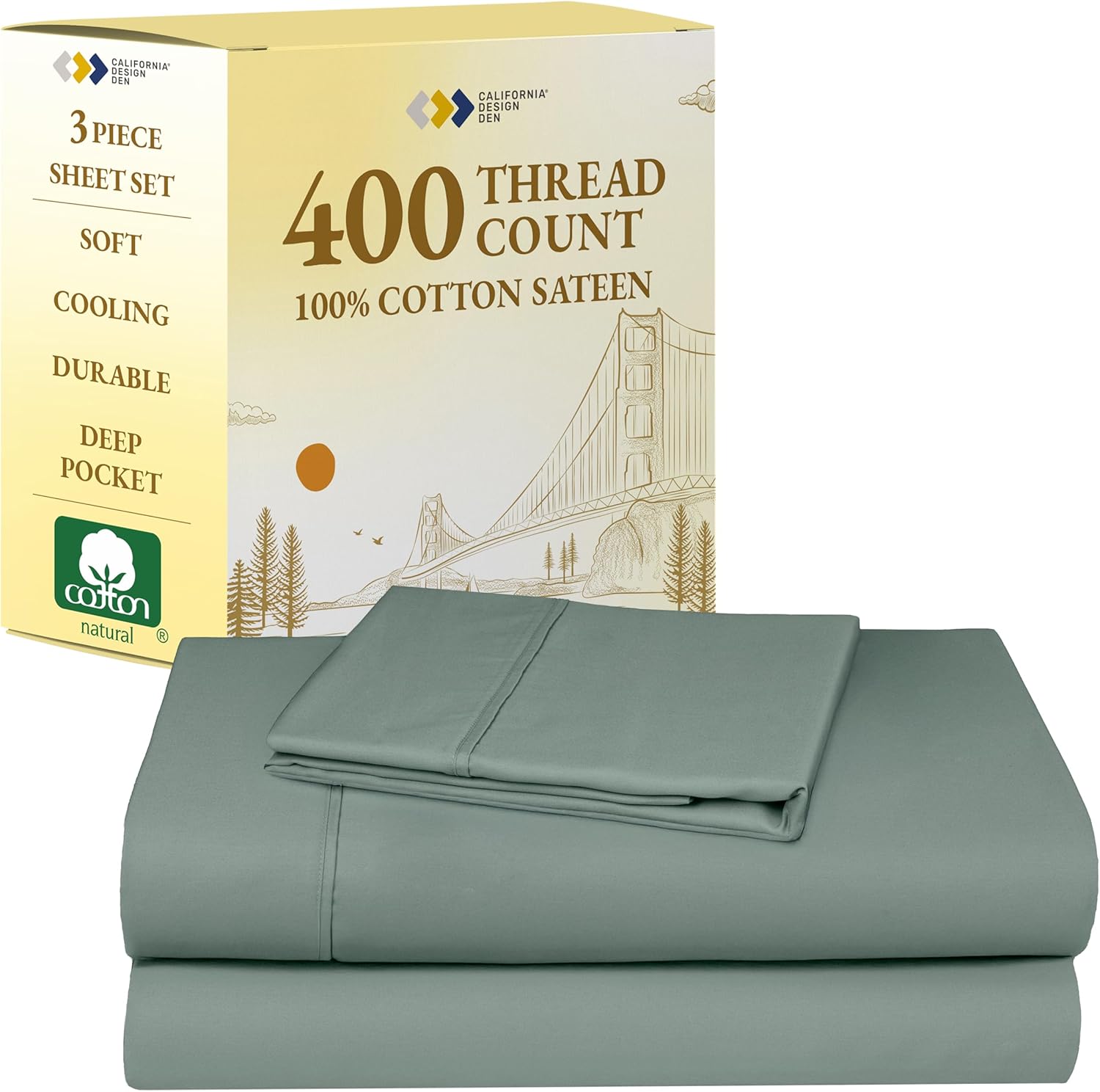 California Design Den Twin XL Sheet Sets - Soft 400 Thread Count Sateen, Natural 100% Cotton Sheets Set with Deep Pockets, Cooling and Durable Bedding - Sage Green Twin XL 18 - Green Sage